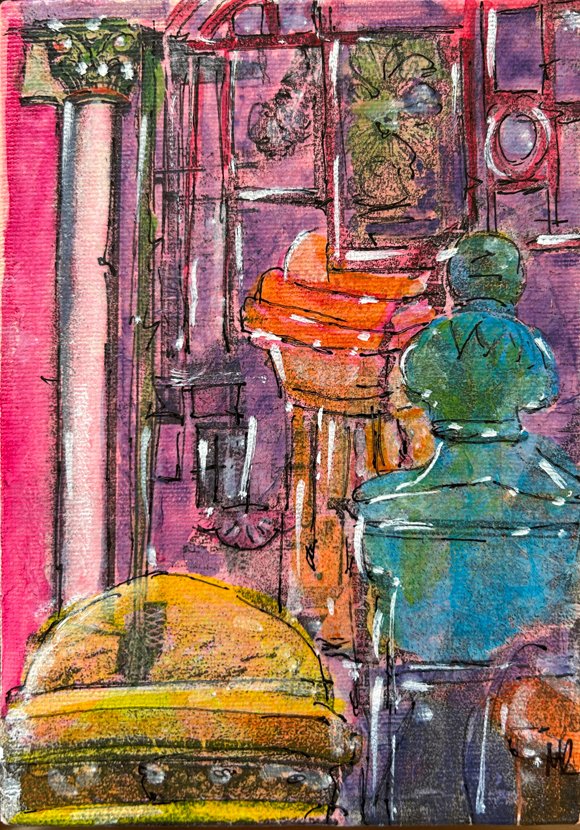 Defragmented #6, 2025, Gel Prints, Acrylic Paint and Ink on Panel, 5x7 