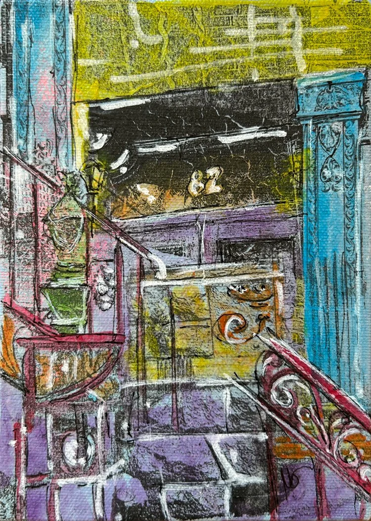 Defragmented #5, 2025, Gel Prints, Acrylic Paint and Ink on Panel, 5x7 