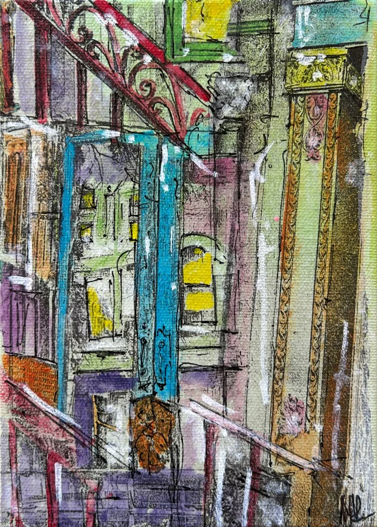 Defragmented #7, 2025, Gel Prints, Acrylic Paint and Ink on Panel, 5x7 - 2025