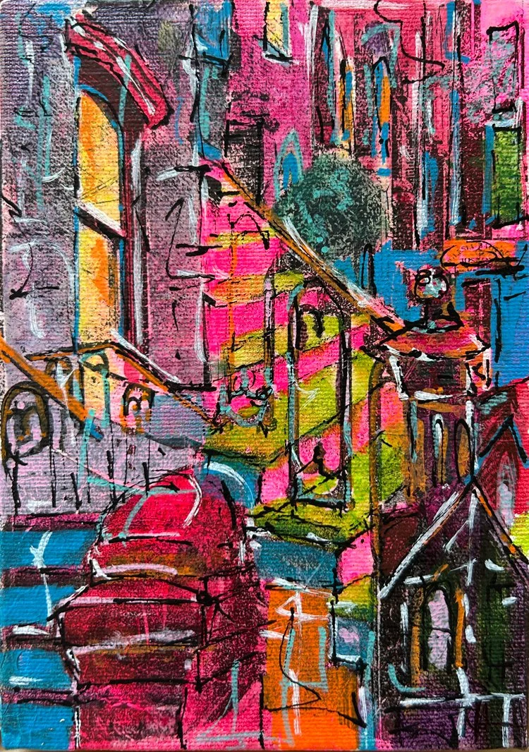 Defragmented #3, 2025, Gel Prints, Acrylic Paint and Ink on Panel, 5x7 