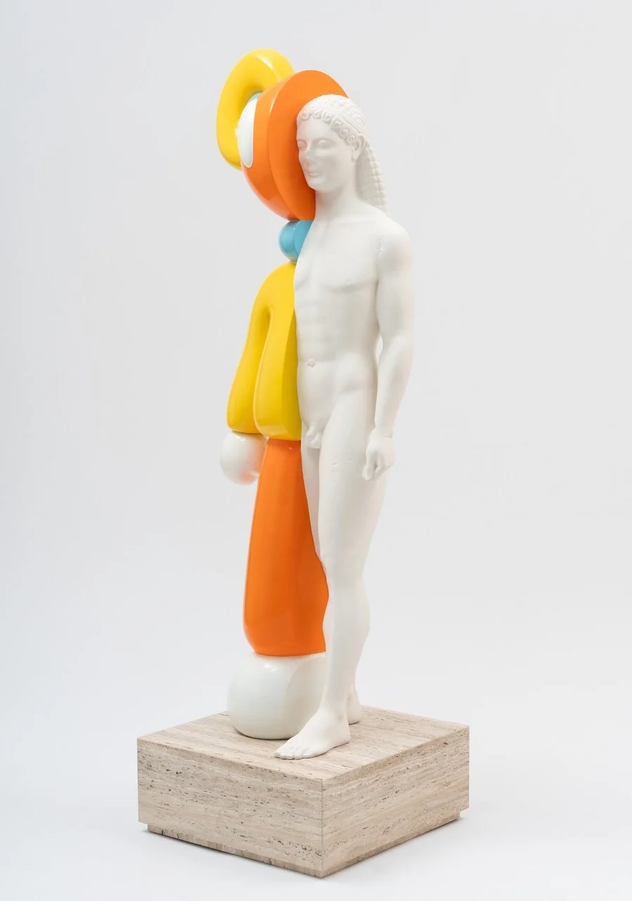 Cool Sandwich, 2023. Plastic, polymer-modified gypsum, acrylic, lacquer, travertine pedestal - 164 x 50 x 50 cm. 