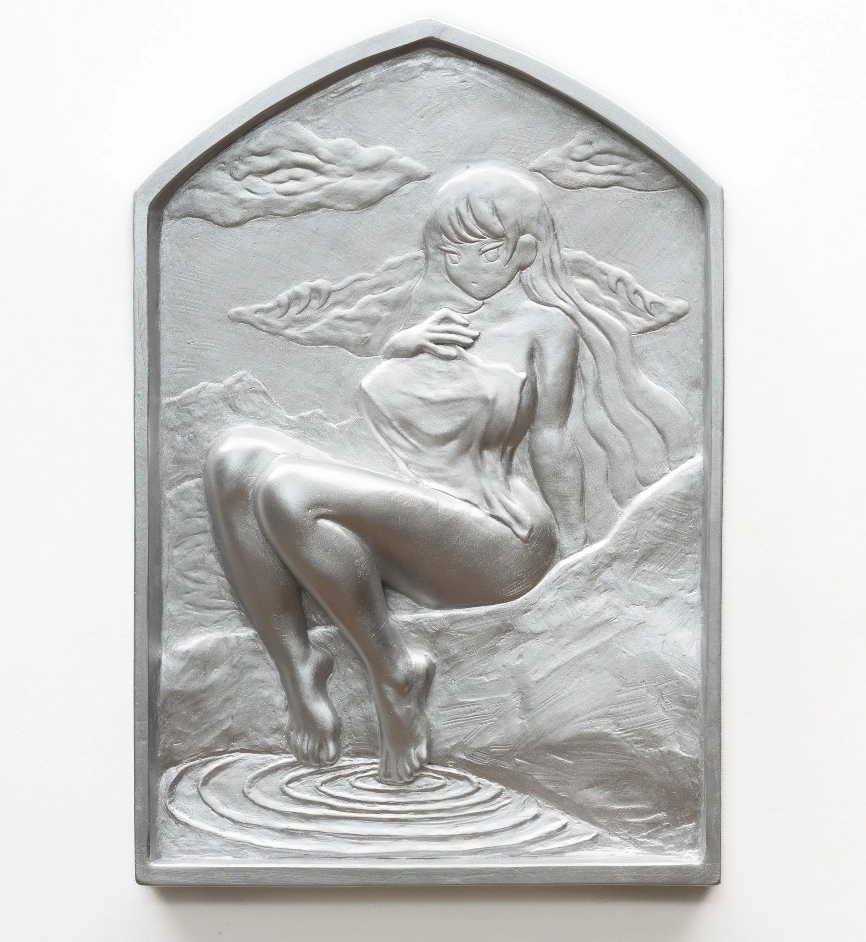Girl On A Rock, 2024. Plaster, jute, steel armature, silver paint - 46 x 31 x 6cm