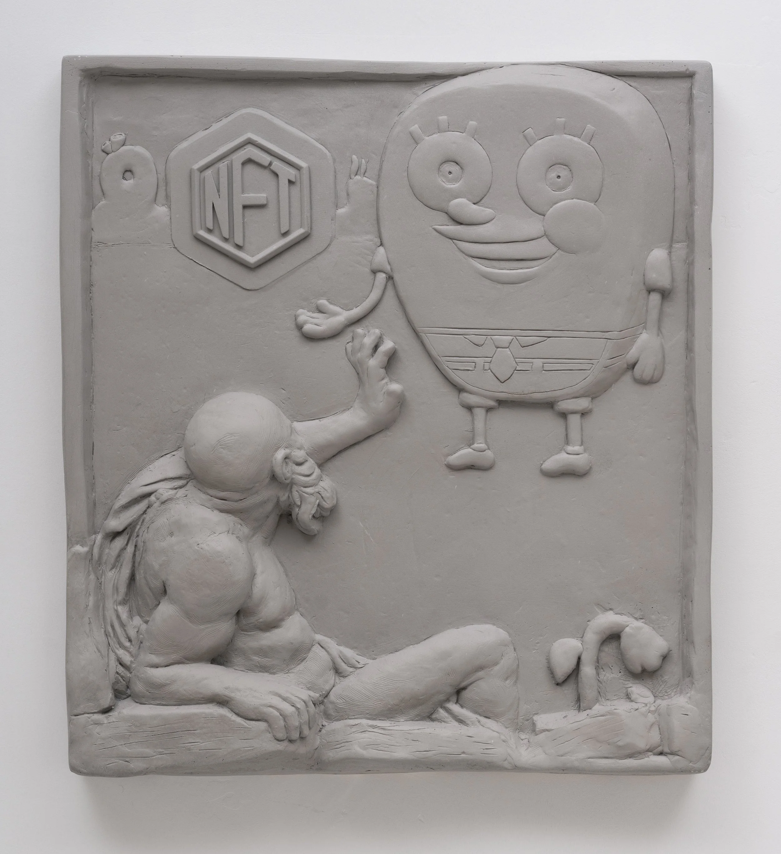 NFT Bob, 2023. Plaster, jute, steel armature, acrylic paint - 50 x 46 x 9 cm