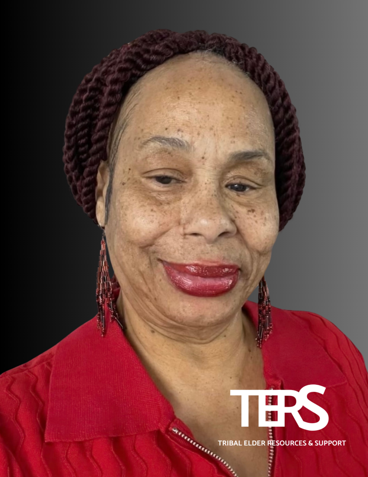 An individual with braided hair wearing a red top, adorned with red earrings. The image features the logo and text: 'TERS Tribal Elder Resources & Support' in the bottom right corner. The background is a gradient of black to gray.
