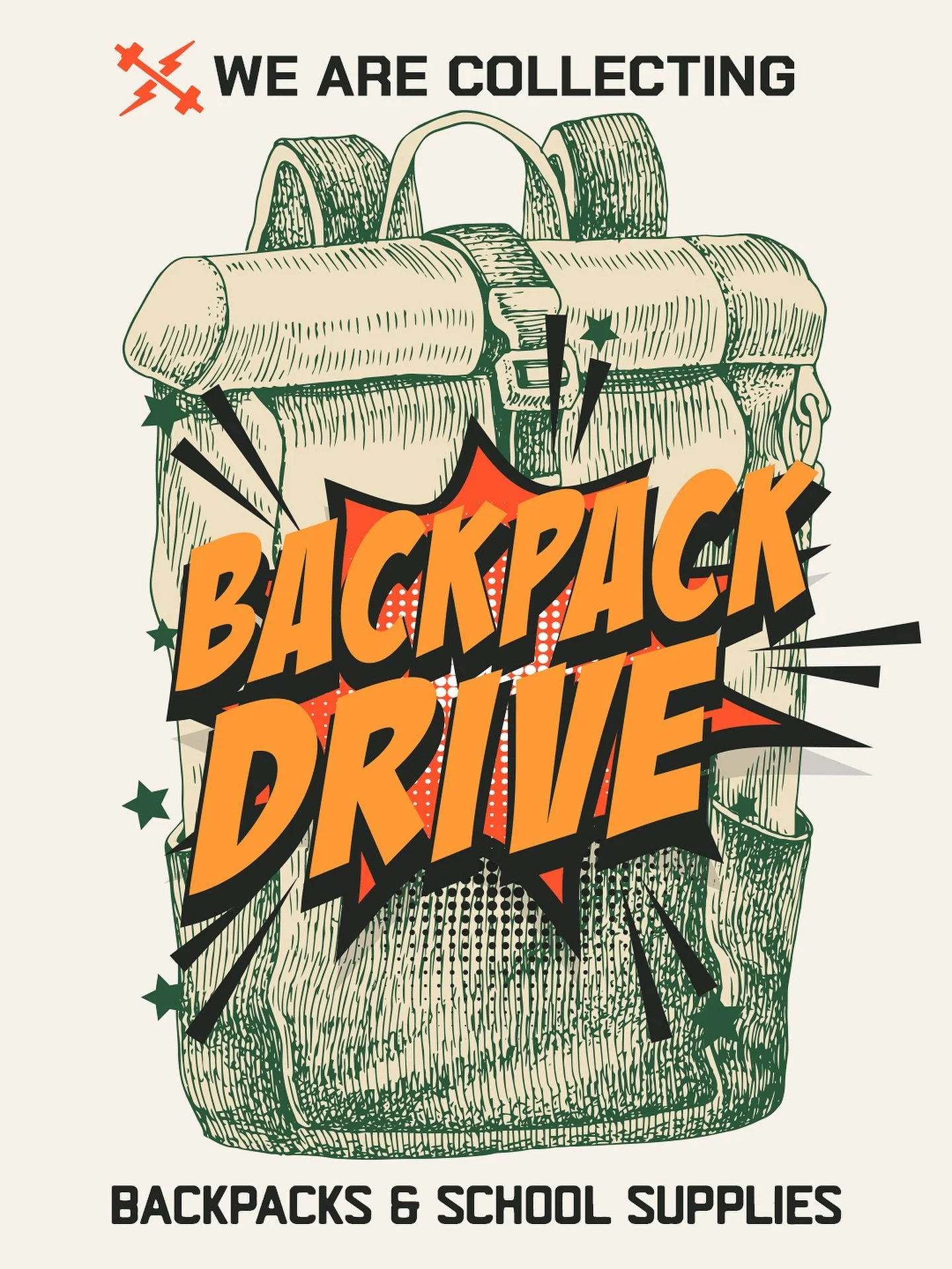 We are collecting backpacks &amp; school supplies from June 23 to August 1.
Backpacks 
Pencils
Erasers
Red Pens
Highlighters
Crayons
Sticky Notes
Scissors
College Ruled� Lined Binder Paper
Graph Note Books
Hand Sanitizer
1.5-2 inch Binder
Other schoo