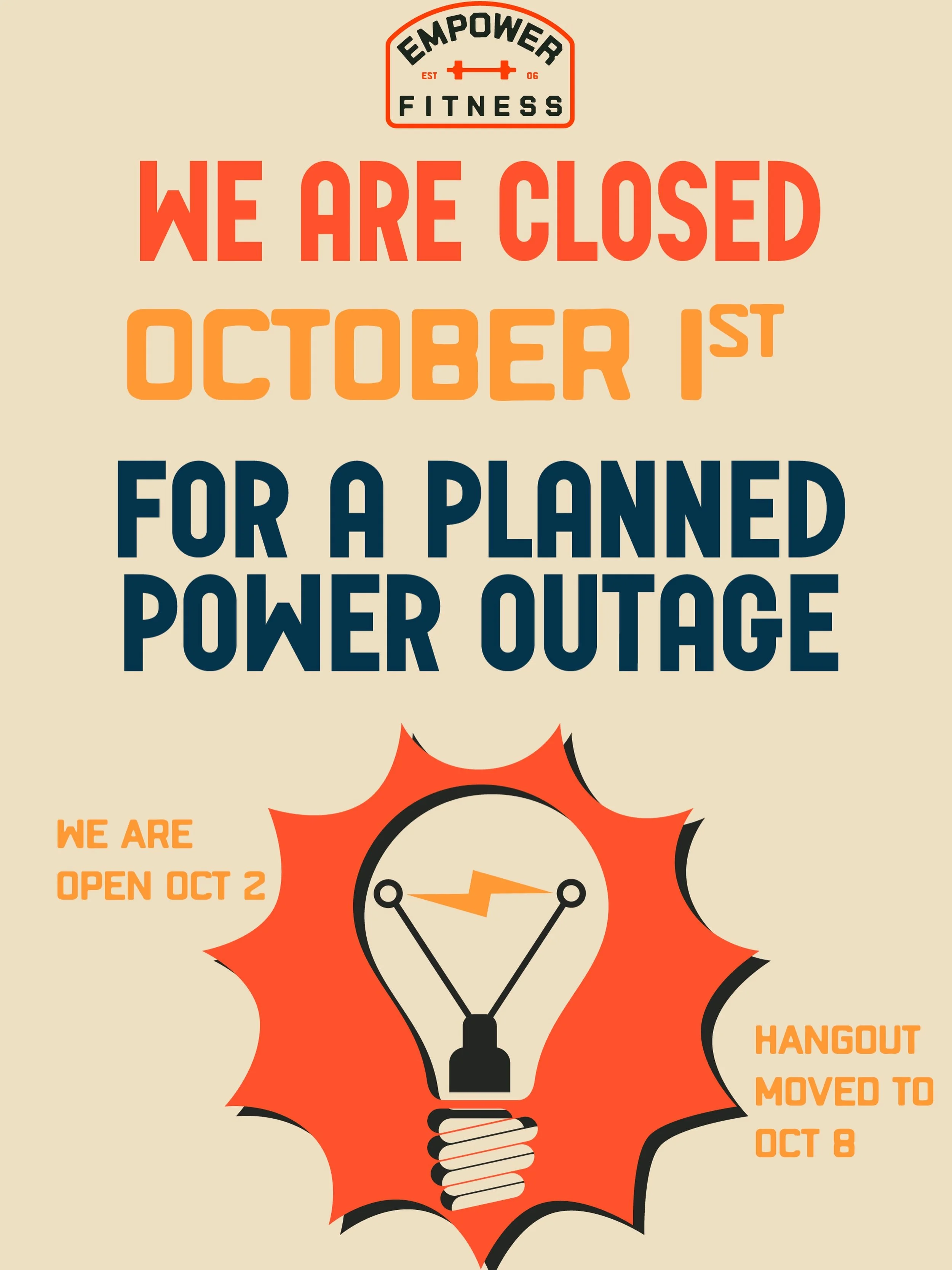 Next Thursday, October 1, we are closed due to a planned power outage. We are open October 2 - our youth Hangout is moved to the next week, October 8.