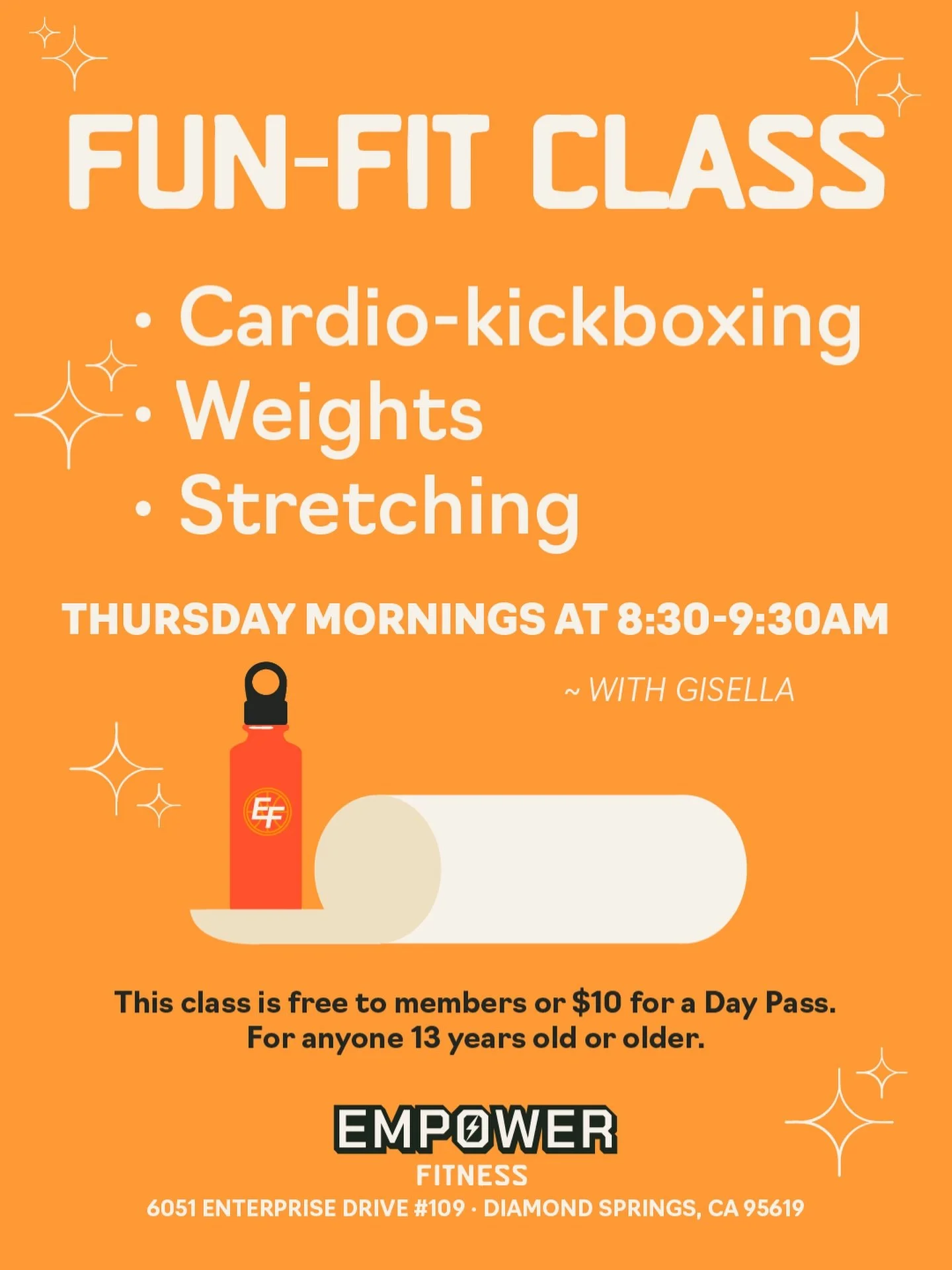 New Thursday morning class staring Sept. 24!
Fun-Fit Class at 8:30-9:30 free to members and only $10 for a day pass for non-members. 
&bull; Cardio Kick-Boxing
&bull; Weights
&bull; Stretching

Class this Thursday (9/24) then we&rsquo;ll skip a week 
