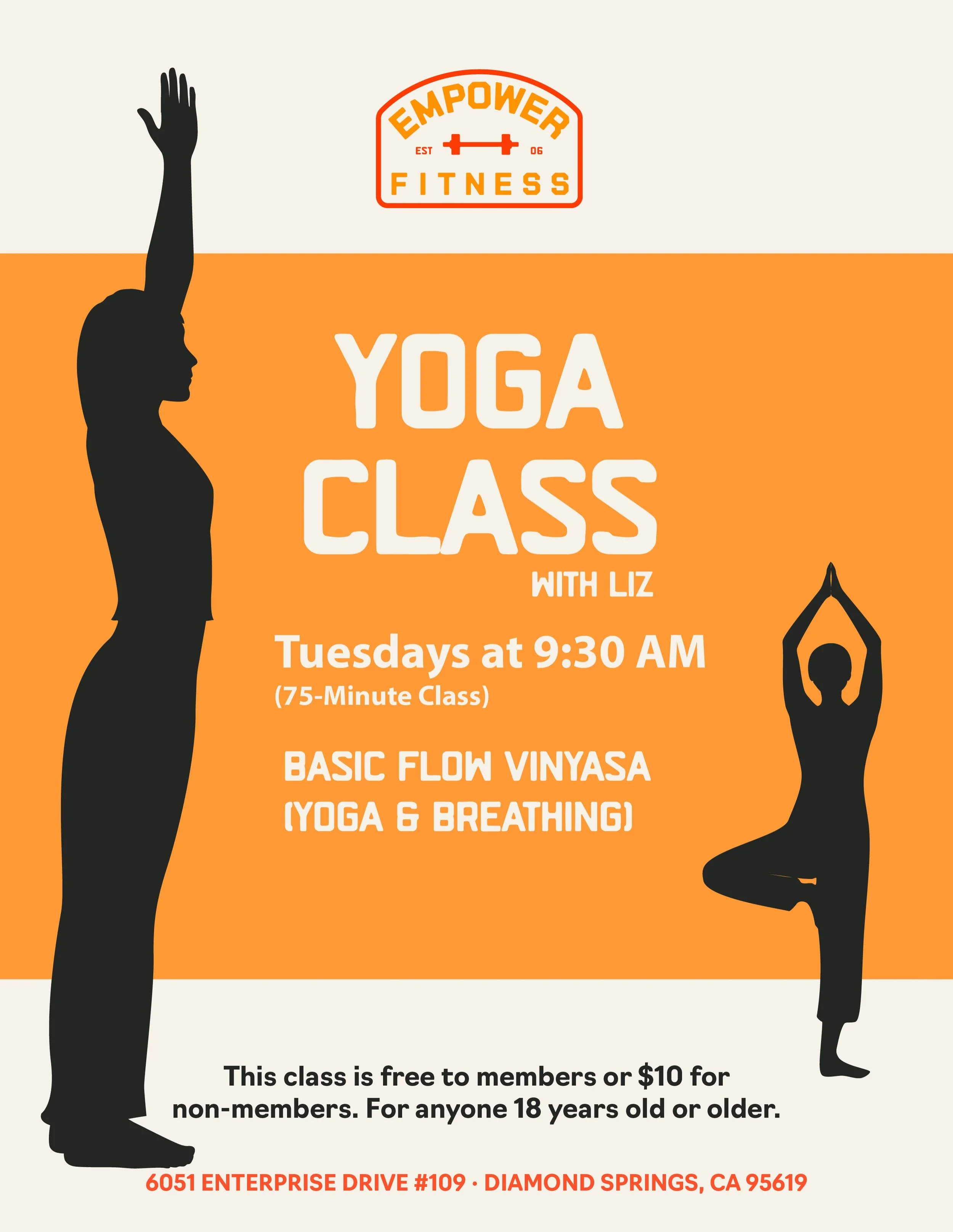 We now have a Yoga class!
Yoga with Liz
Tuesdays at 9:30 (75-minute class)
Basic Flow Vinyasa (Yoga &amp; Breathing)
Starting October 13th 
Free to members - $10 for non-members