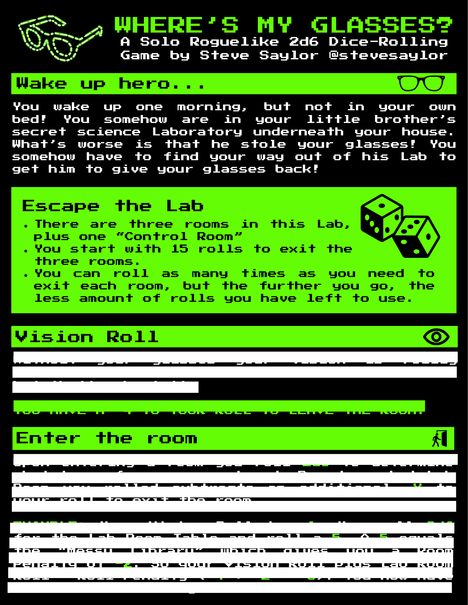 The first page of "Where's My Glasses" where some of the sections are redacted with white or green bars across the text.