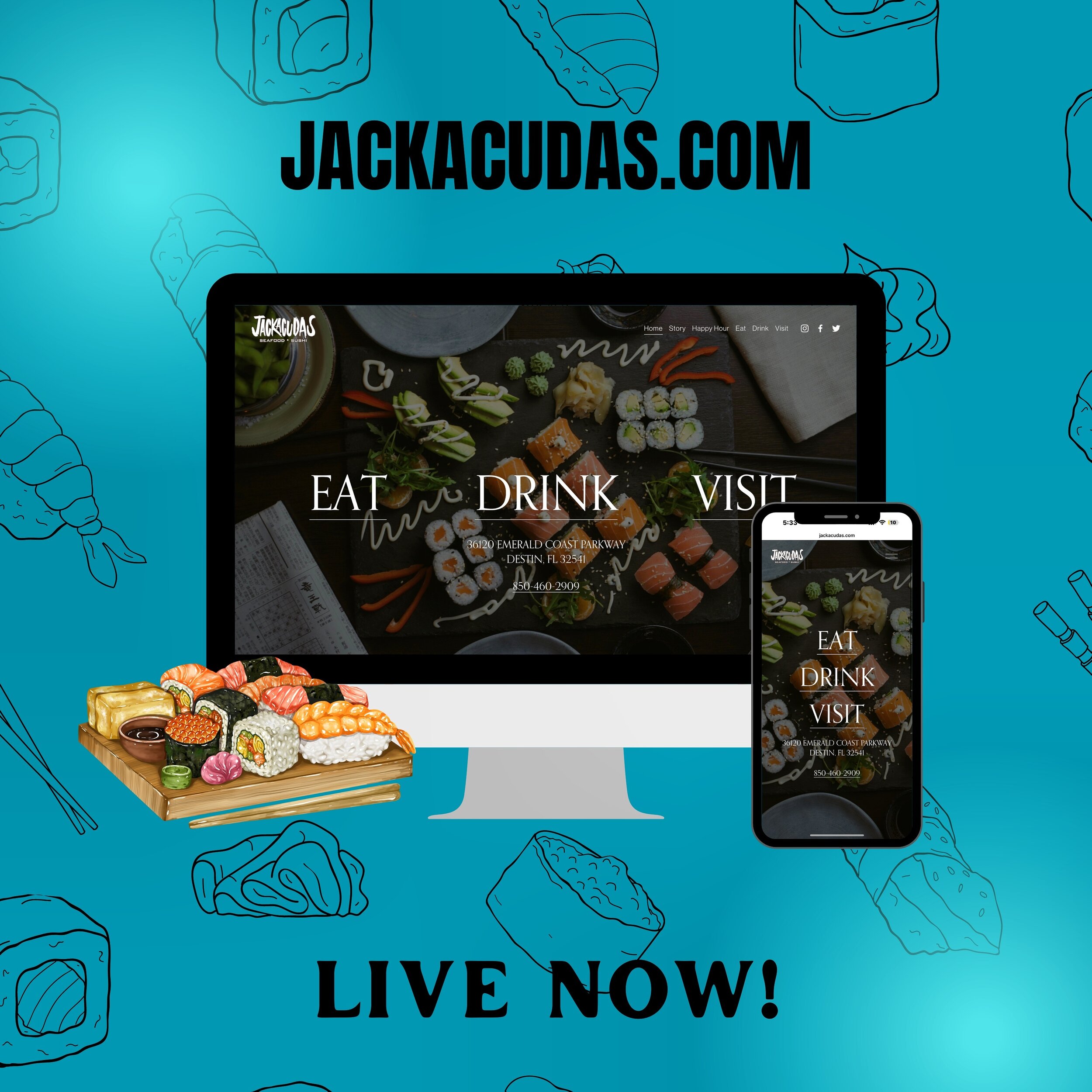 It&rsquo;s here! Our brand new website and new menu have officially launched! Explore our digital space, join us for #HappyHour or All You Can Eat #Sushi, or simply make a reservation for the whole family. Visit Jackacudas.com now! 

Note: Please cle