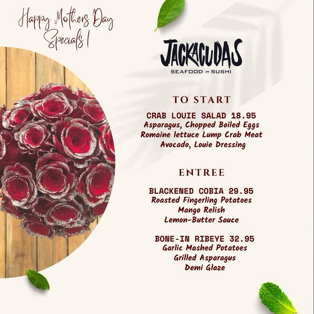 #MothersDay Weekend is right around the corner- and what better way to celebrate than with #Jackacudas! Join us all day Friday 5/10-Sunday 5/12 for these exclusive specials- and don&rsquo;t forget our daily #HappyHour from 3-6!

#restaurant #food #fo