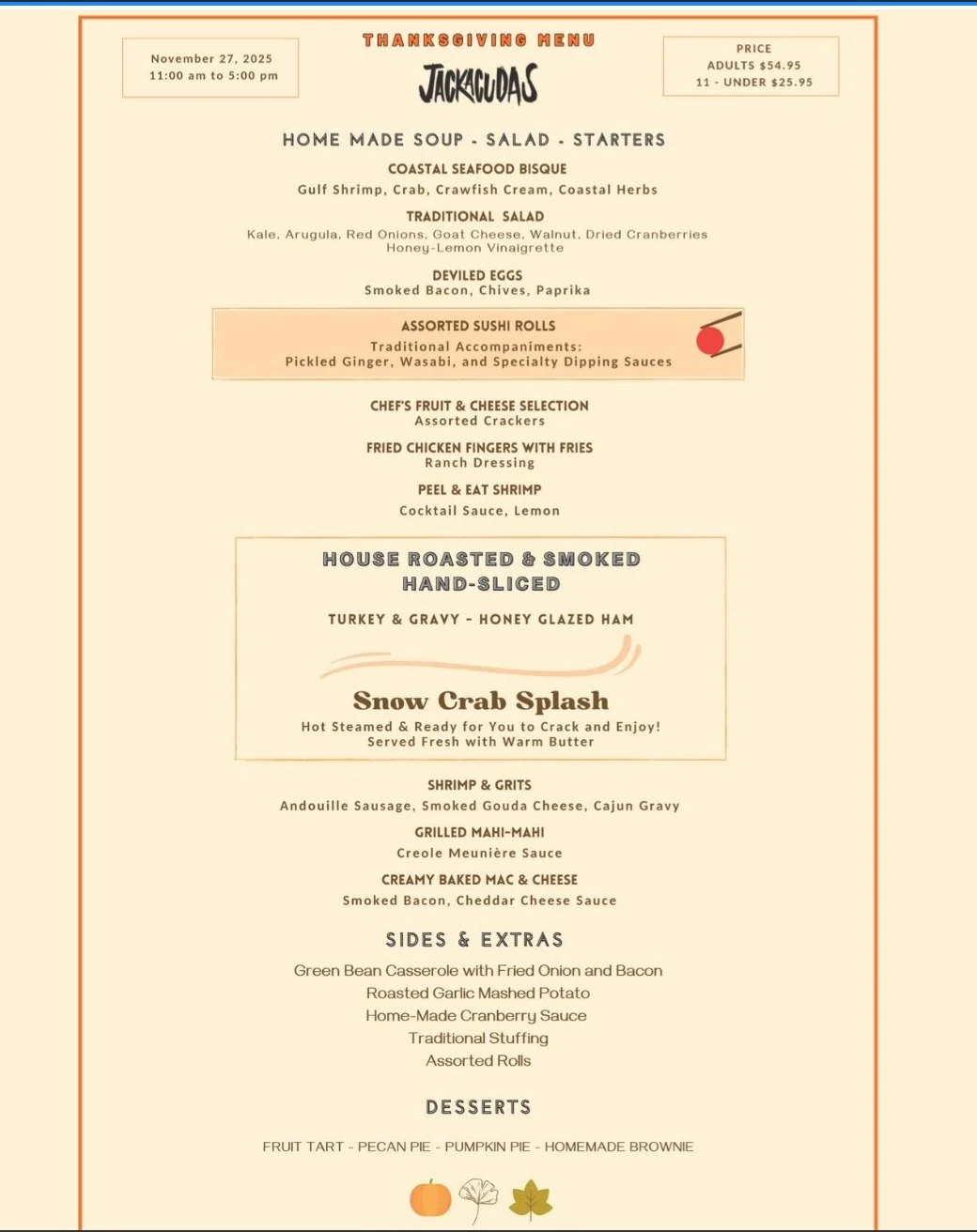 Have you made your #Thanksgiving reservation @ jackacudas yet? Don&rsquo;t miss out on delicious dishes and good vibes! Book your table now and celebrate with us! #turkeyday #family #thankful #gratitude #blessed #thanksgivingdinner 
@destinfwb @desti