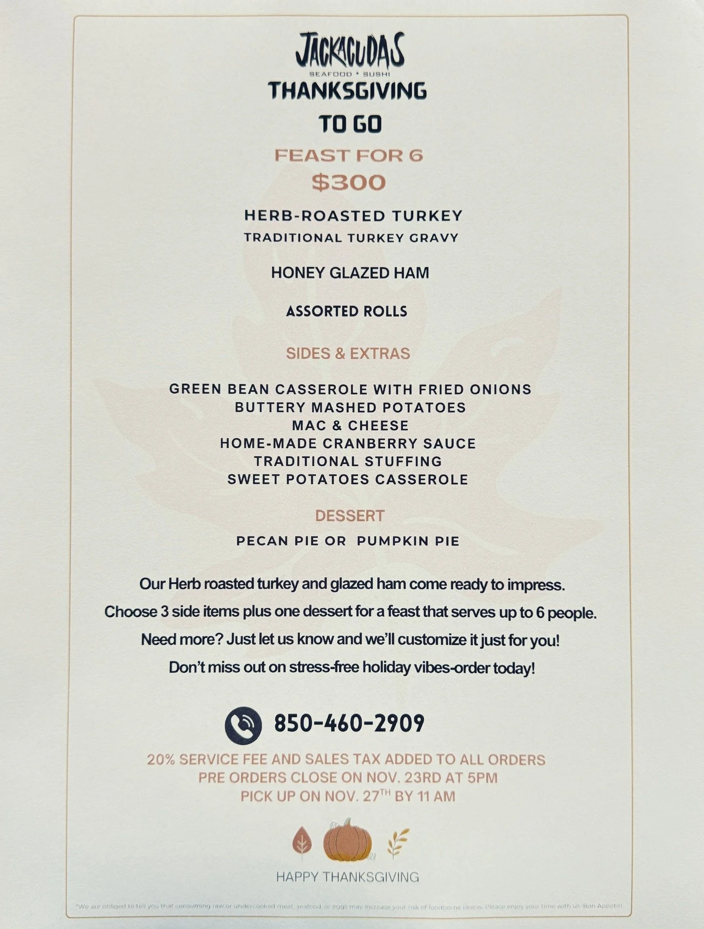 Order your delicious #Thanksgiving meal to go from @Jackacudas.
Don&rsquo;t miss out on a stress-free holiday&mdash;place your order today!
#thankful #blessed #ThanksgivingToGo #thanksgivingmeal #HolidayTakeout #turkeyday @followers Fun 4 Emerald Coa