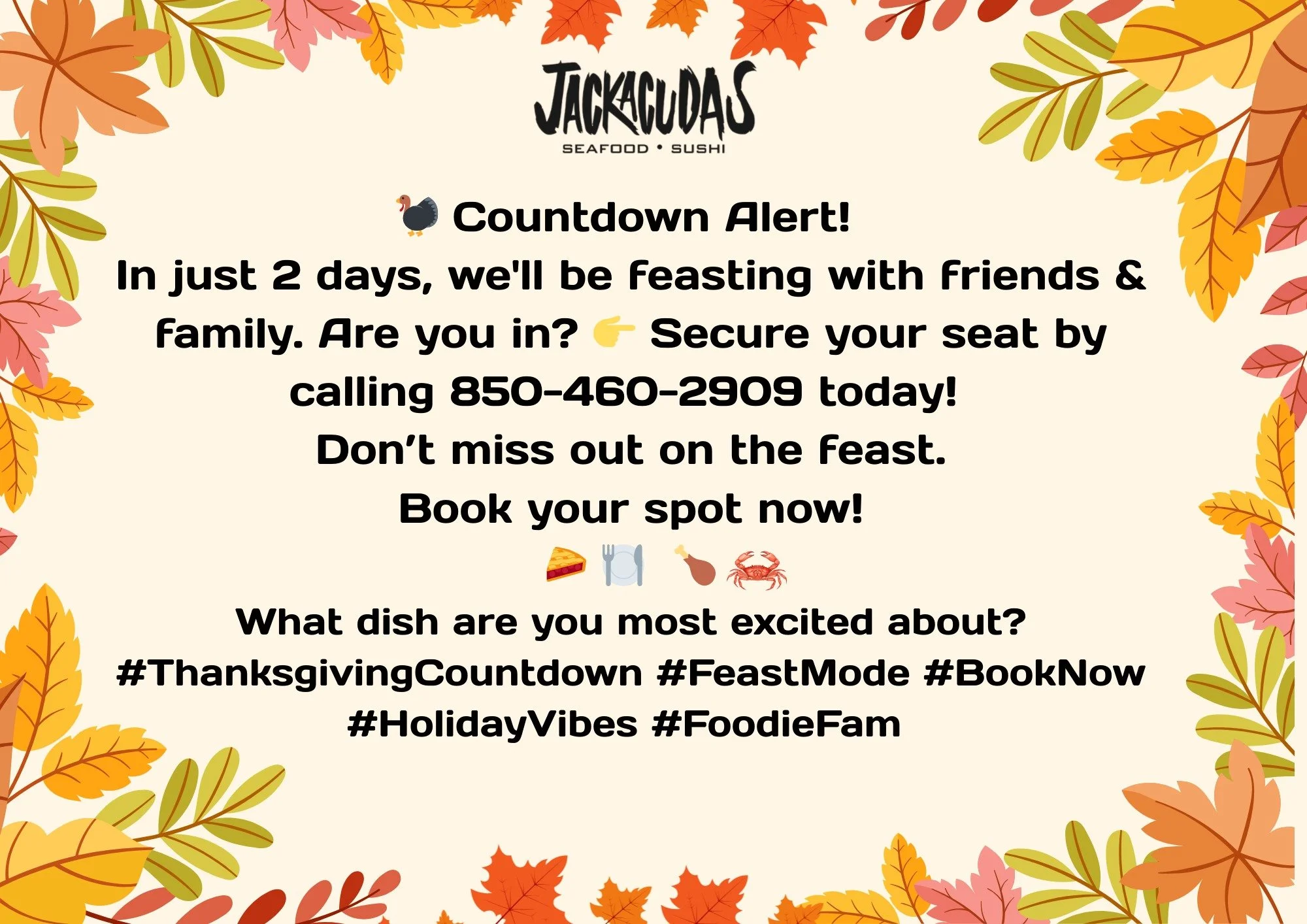 A few spots left at our Thanksgiving buffet, so act fast! 🚀📞
#ThanksgivingDinner #ReserveYourSpot #FamilyTime #GoodEats #EatWithUs.