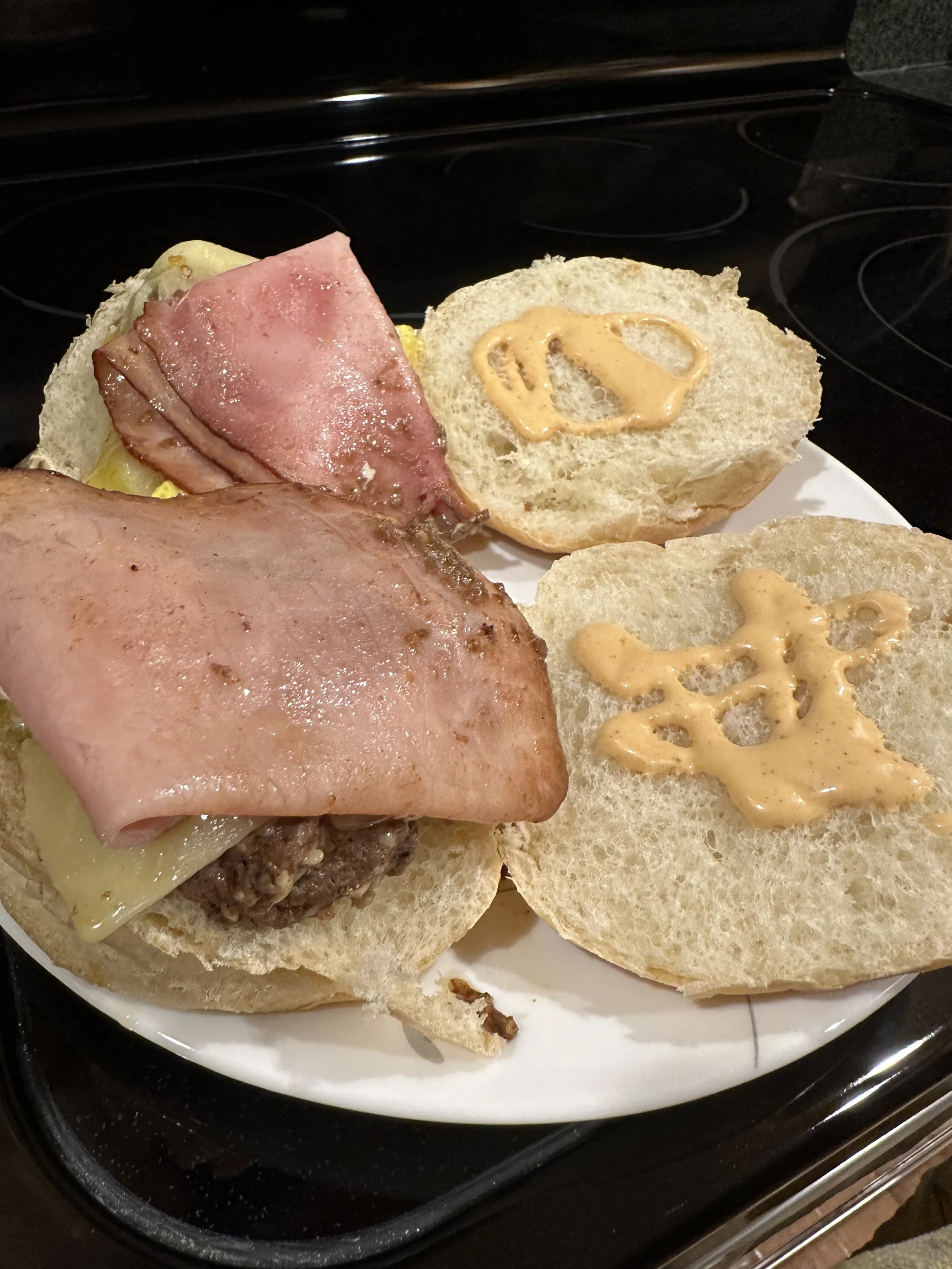 Cheeseburger with Ham and Egg