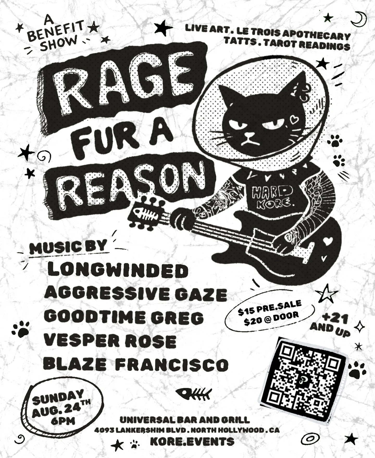 🐱RAGE FUR A REASON 🐱
Liz (cofounder of The Kore) has a cat named Mouse who survived an emergency surgery&mdash; now we&rsquo;re throwing a wild rock show to help with the bills 🖤 @universal_bar_grill 

 (21+) Doors at 6pm &bull; Sunday August 24th