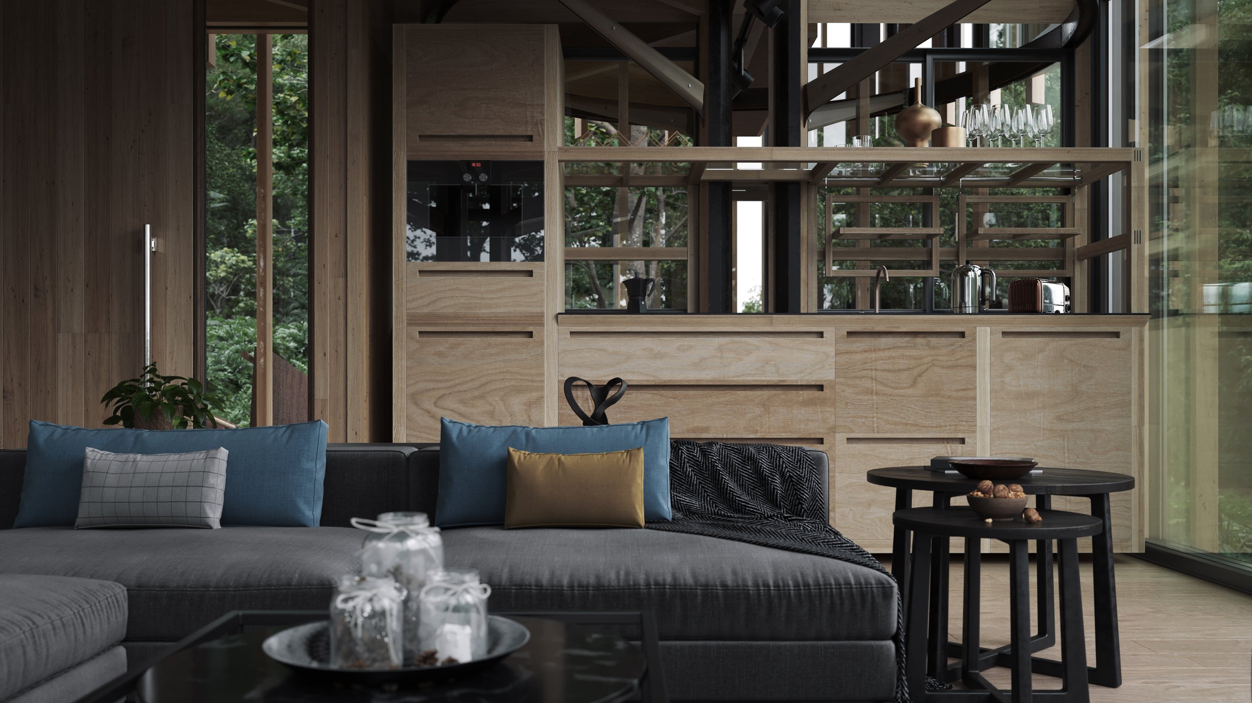 Archviz render of malaan vorster treehouse interior. In this one we can have a better look of the kitchen design. The interior design is delicius, top end. Rendered in 3d max with corona and postproduced in photoshop.