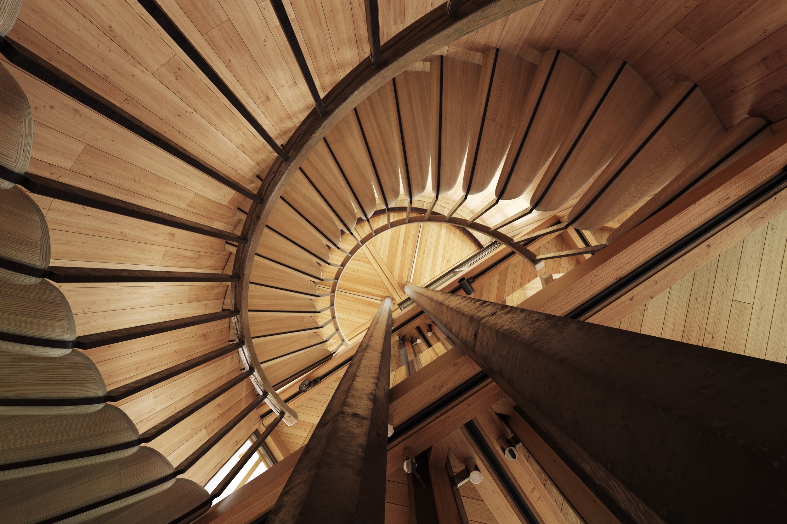 Spectacular cgi render that shows the amazing staircase structure design from this architectural project. The ratio form and composition are magnificent.