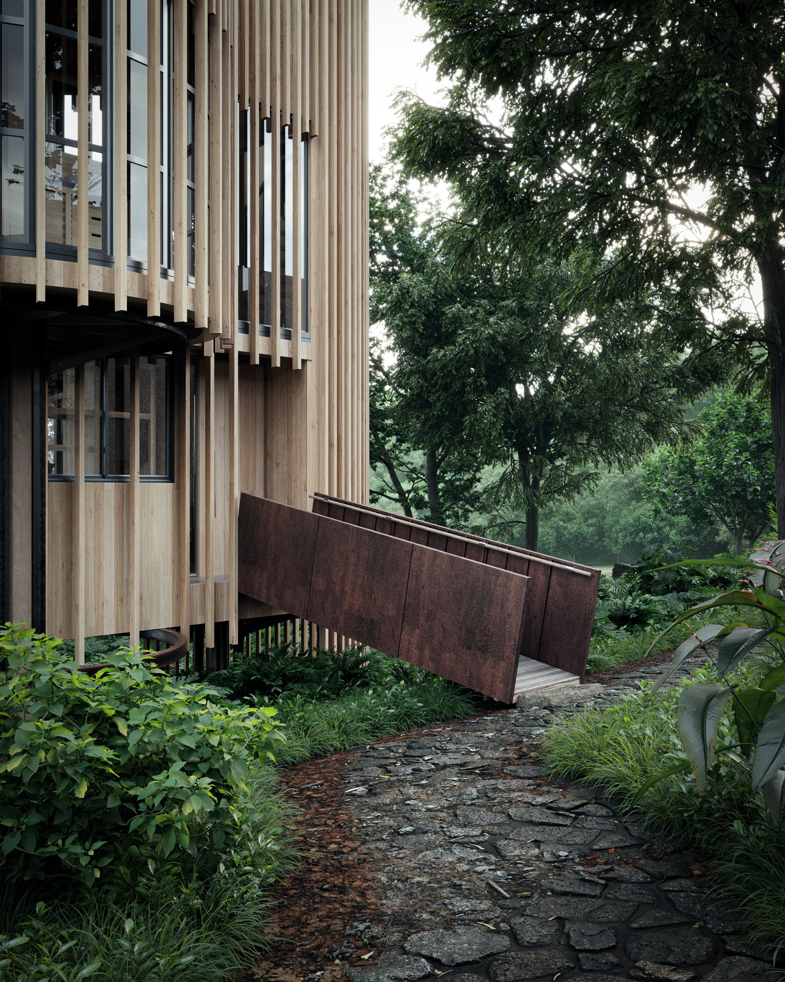 Archviz render of malaan vorster treehouse entrance. The light is soft and the vegetation is vivid, the contrast is high. Rendered in 3d max with corona and postproduced in photoshop.