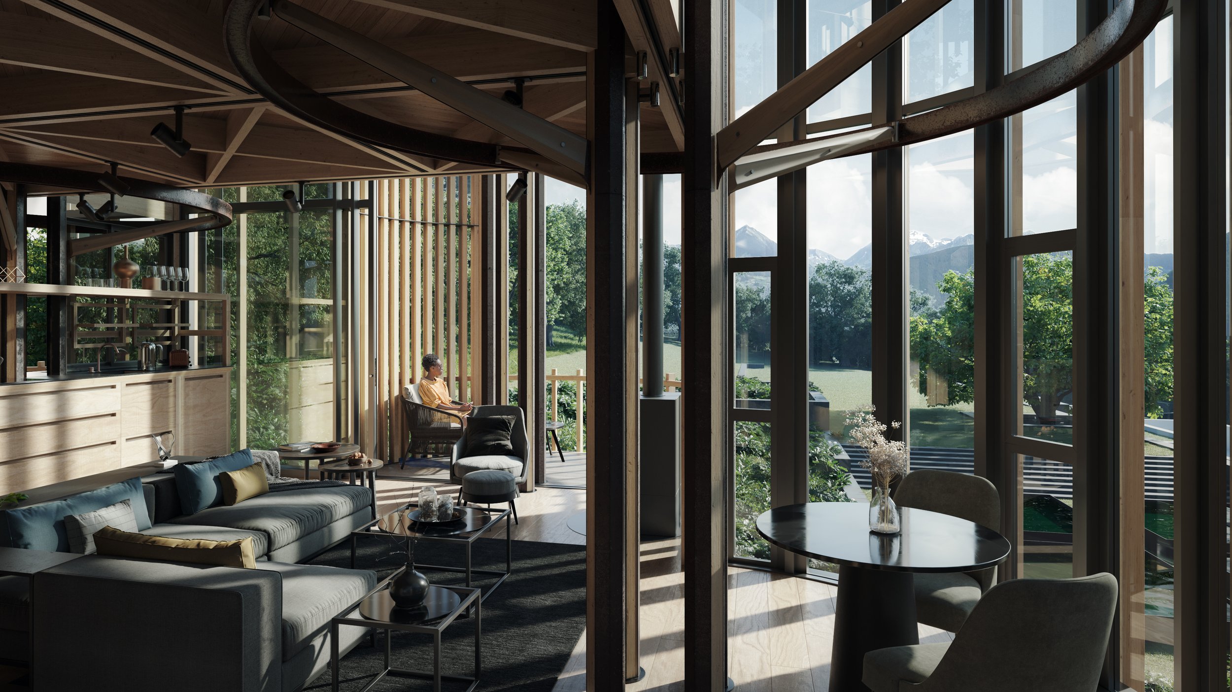 Archviz render of malaan vorster treehouse interior. We apreciate the views and joy one can have from inside. The interior design is delicius, top end. Rendered in 3d max with corona and postproduced in photoshop.