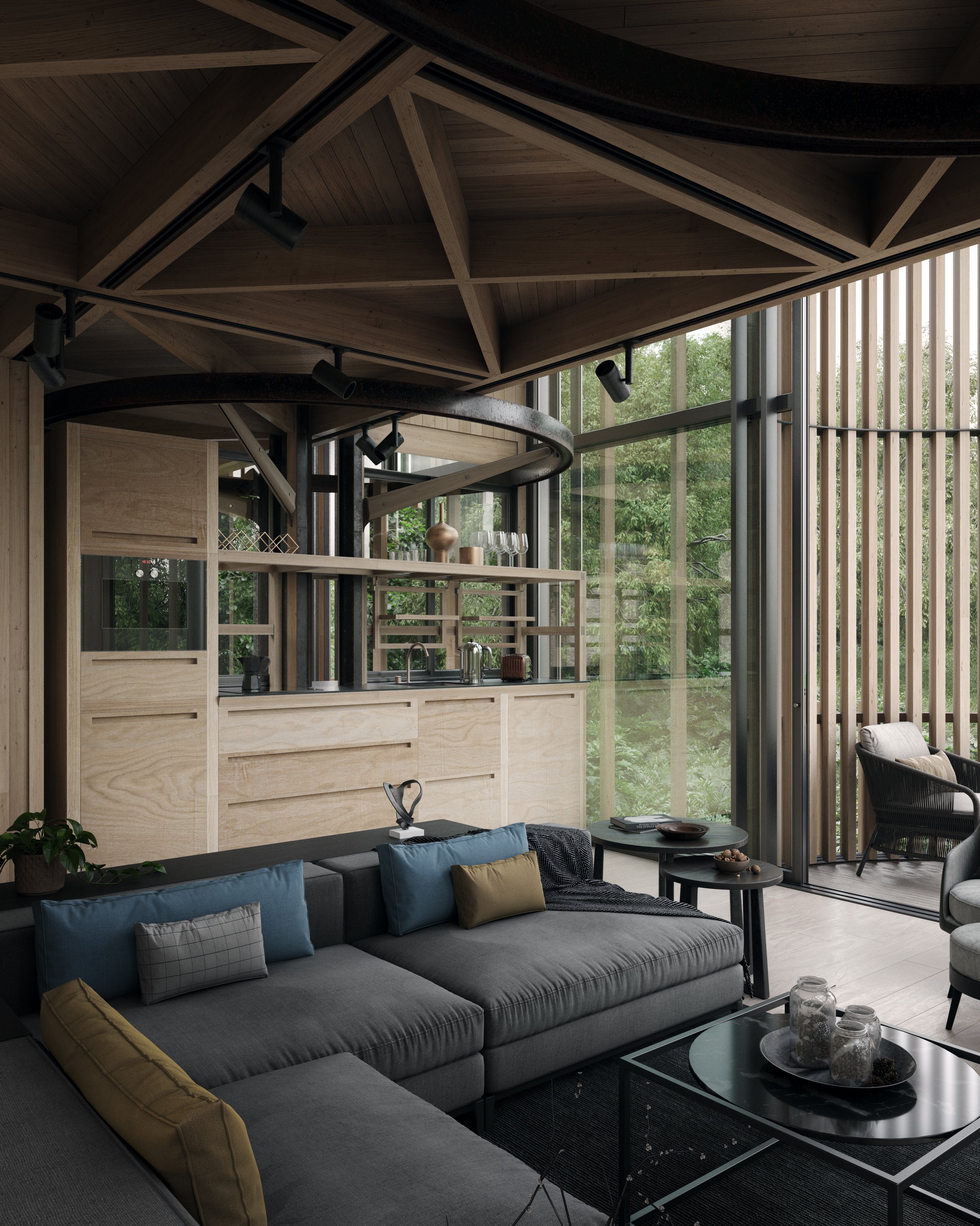 Archviz render of malaan vorster treehouse interior. In this one we can have a better look of the kitchen design. The interior design is delicius, top end. Rendered in 3d max with corona and postproduced in photoshop.