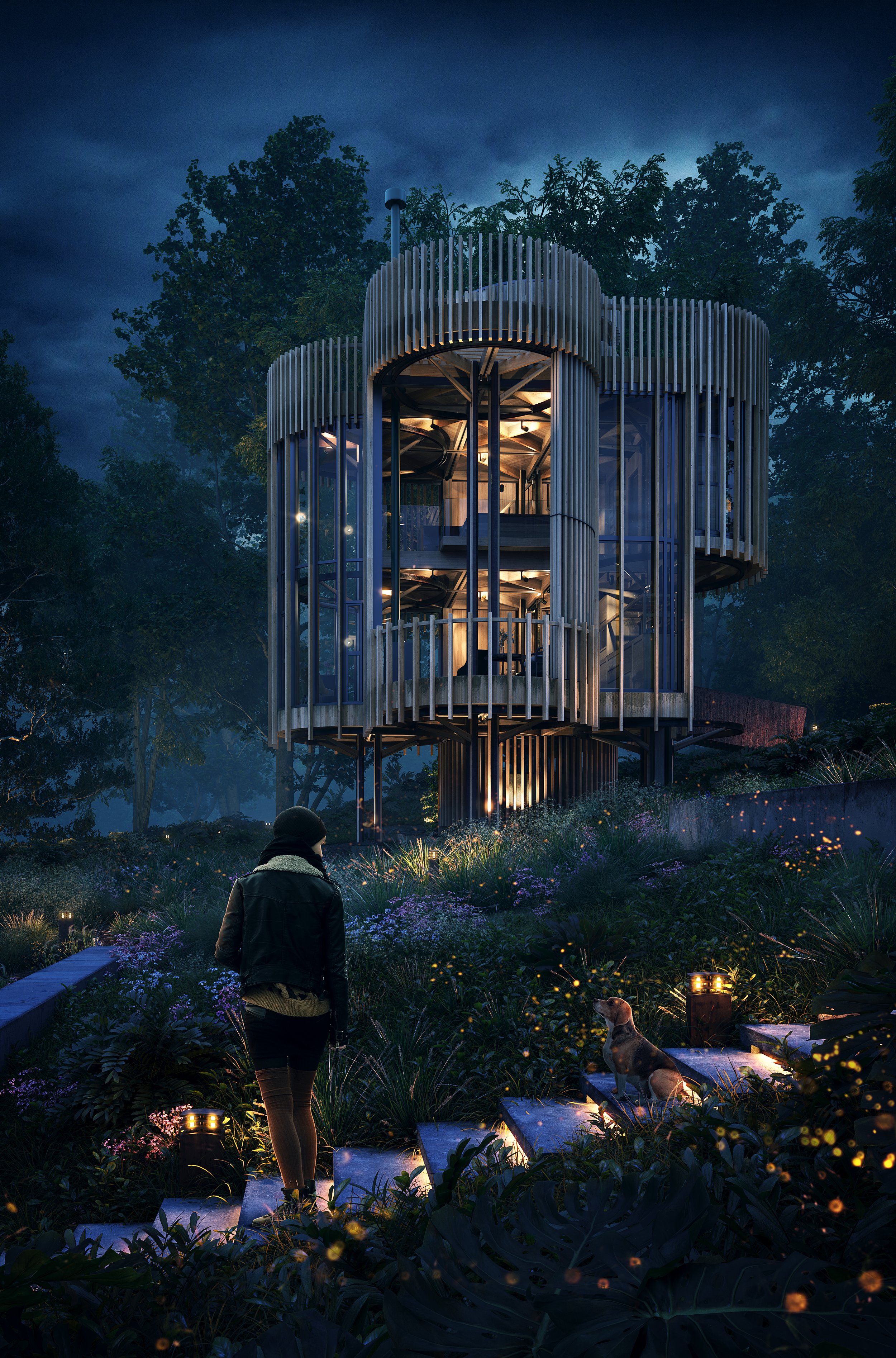 A night render from another perspective. The action occurs in the exterior garden, where a girl meets his dog outside as the treehouse is in light, creating a contrast of blue and warm tones.