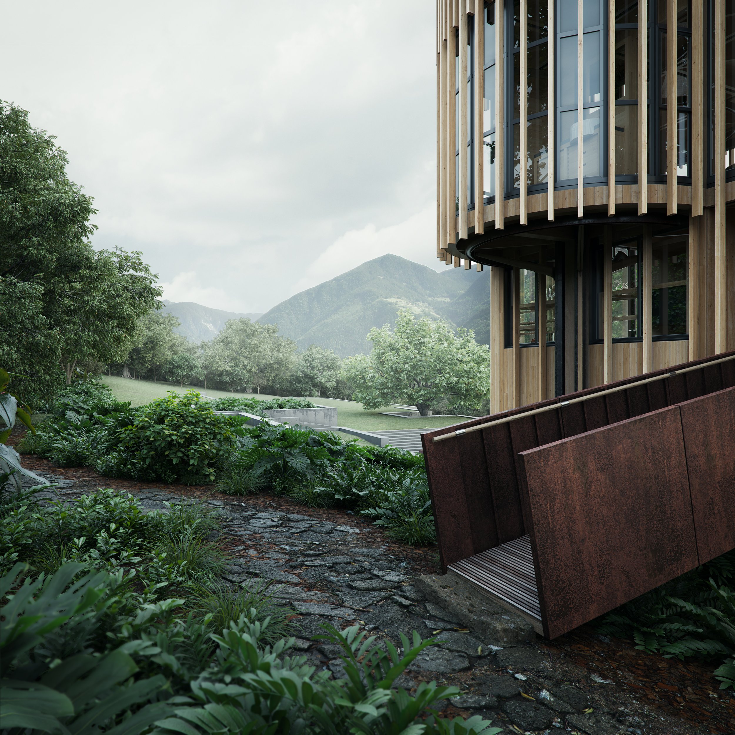 Archviz render of malaan vorster treehouse entrance. The light is soft and the vegetation is vivid, the contrast is high. From this perspective we apreciate the architecture in contrast of it's landscape. Rendered in 3d max with corona and postproduc