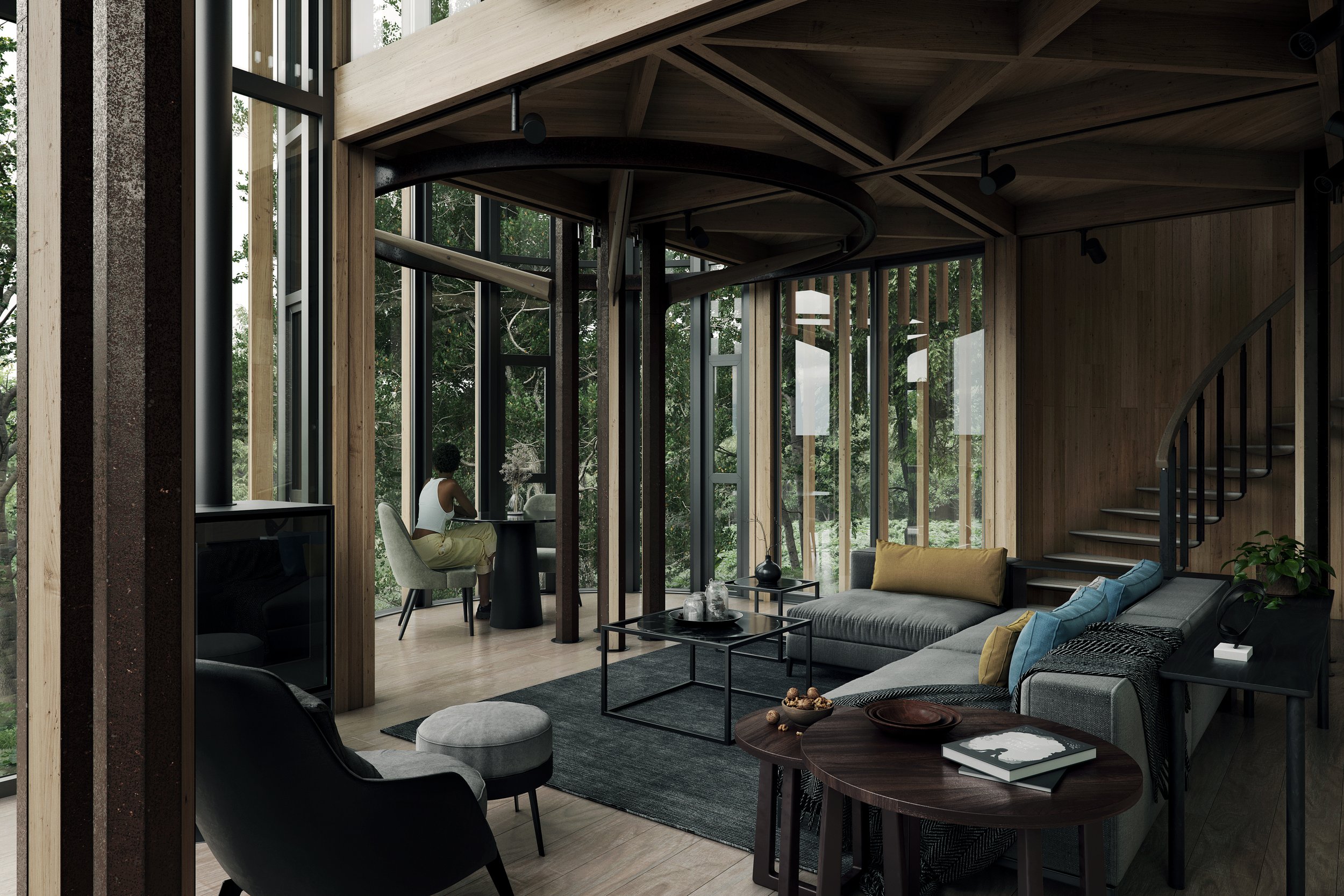 Archviz render of malaan vorster treehouse interior. We apreciate the views and joy one can have from inside. The interior design is delicius, top end. Rendered in 3d max with corona and postproduced in photoshop.