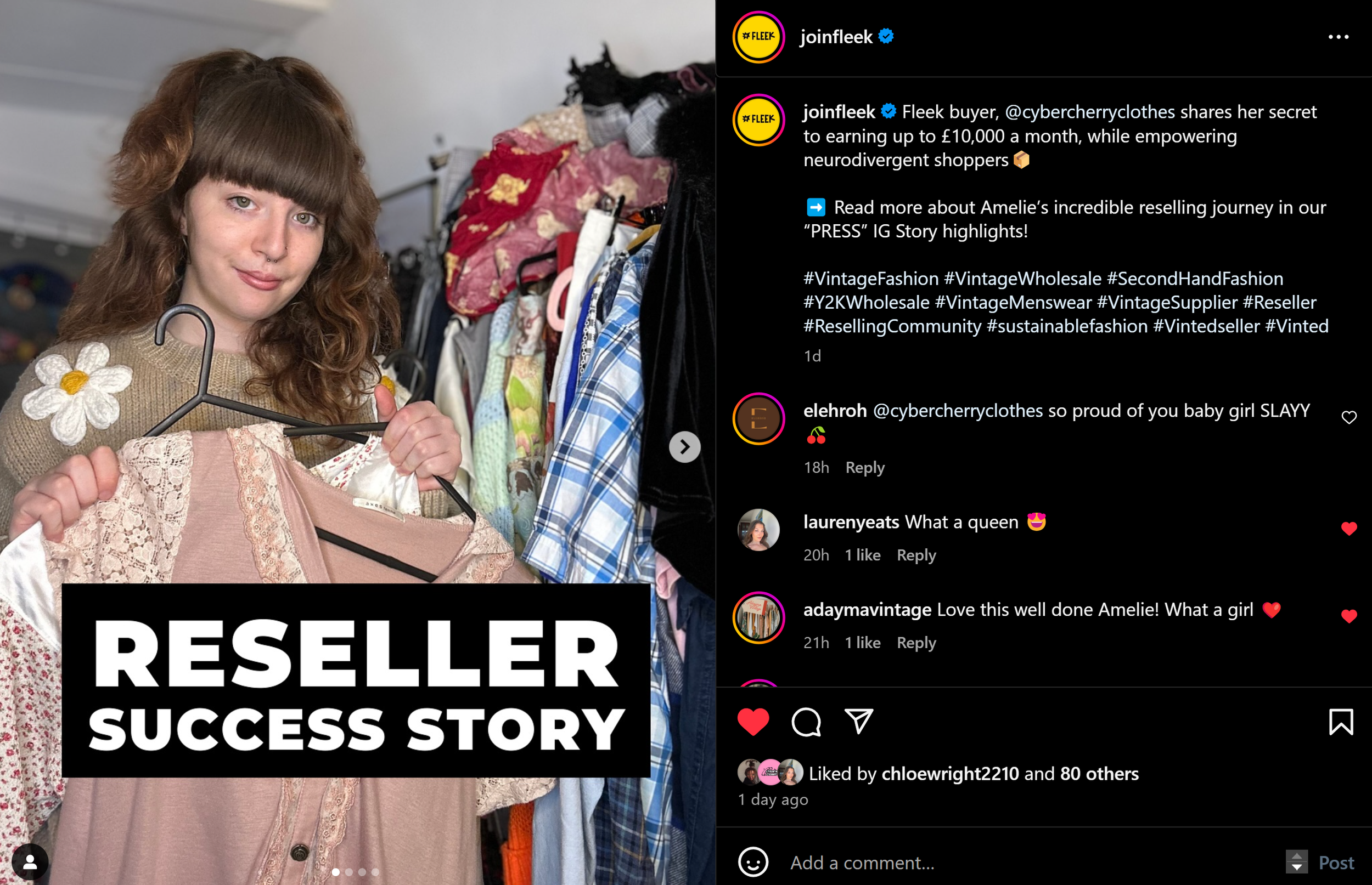A young woman with curly hair holding a clothing hanger, standing in front of a rack of secondhand clothes at a thrift store, with a black banner reading 'Reseller Success Story' over the bottom part of the image.
