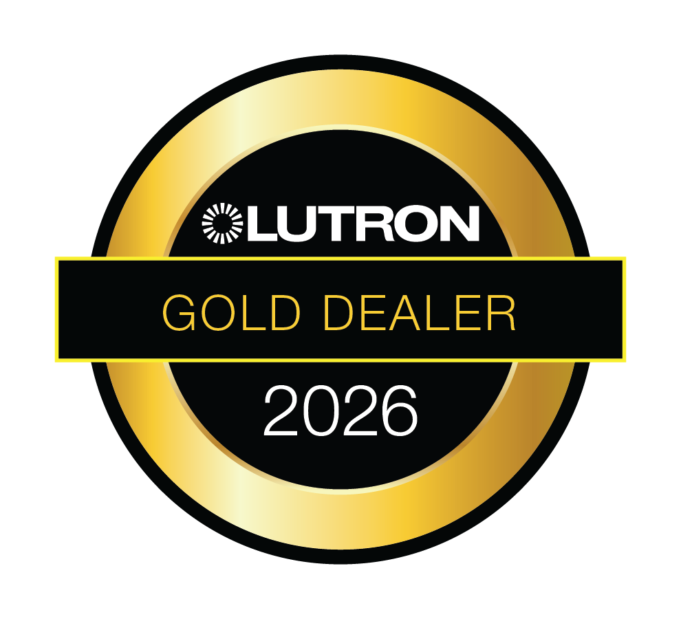 Lutron Gold Dealer badge for 2026 with a black background, gold circle, and white and gold text.