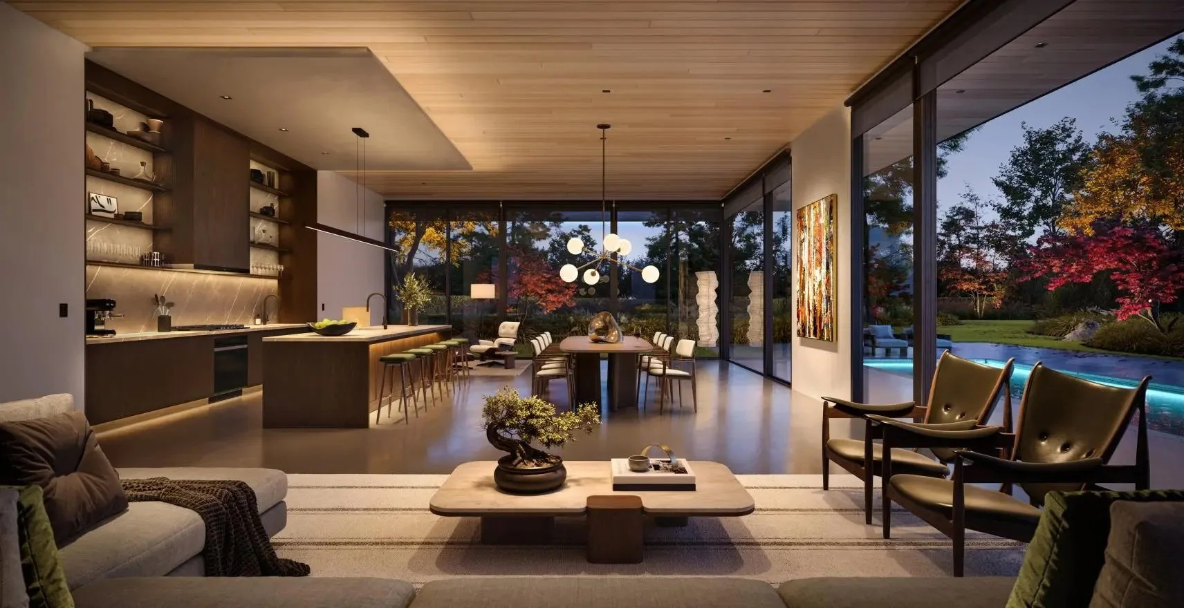 Modern open-concept living and dining room with floor-to-ceiling windows showing an outdoor landscape with trees and a pool, furnished with a sofa, armchairs, a coffee table, and a dining table with chairs, illuminated by stylish lighting fixtures and decorated with art and plants.