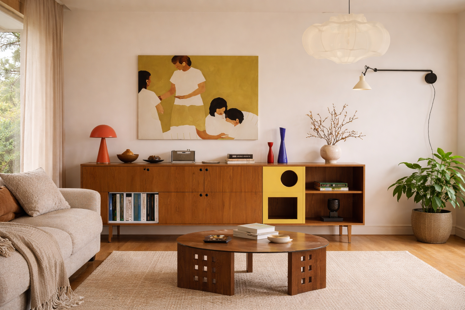 Stue med beige sofa, midtskildt treskap, malt kunstverk av barn, hel hvit høy lampe, plante, dekorative vaser, og en lav rund trebord på teppe.