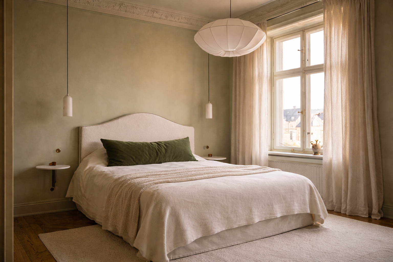 Et lyst soverom med en stor seng med hvitt sengetøy og en grønn pute, en stor vindu med kremfargede gardiner, en taklampe i papir og små hengependler over sengen.