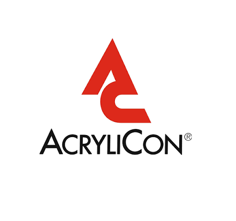 Logo for AcrylicOn med et rødt symbol og svart tekst.