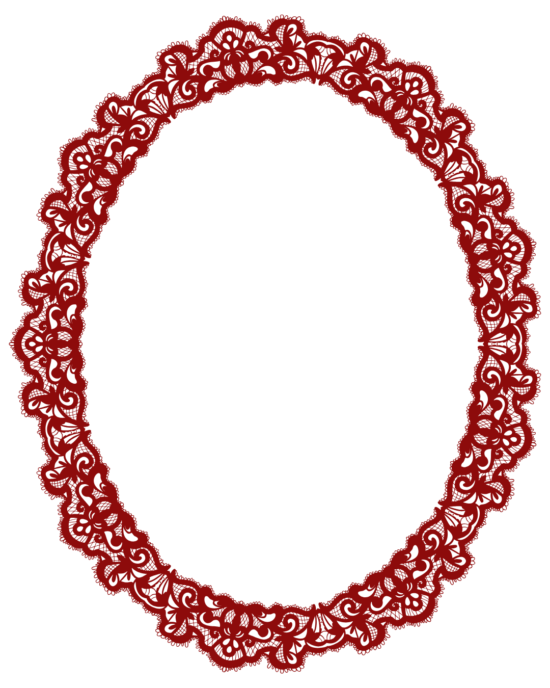 Rød, dekorativ, oval ramme med komplisert og ornamental design