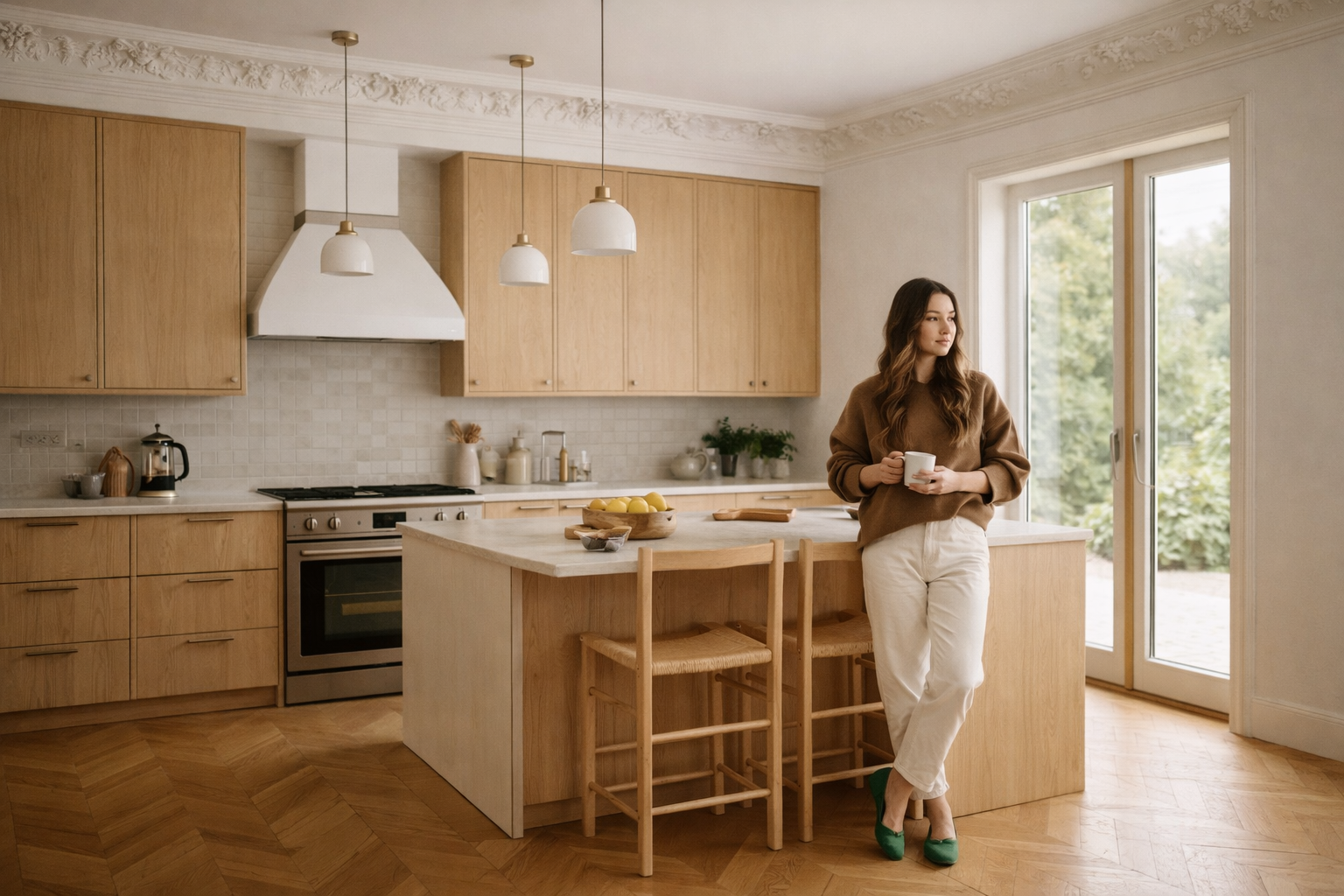 Kvinne med brunt gensere og hvite bukser som står ved kjøkkenøy og drikker fra en kopp, i et lyst kjøkken med trehyller, kjøkkenutstyr, grønne planter og store vinduer.