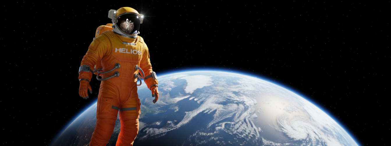 Astronaut in an orange spacesuit standing in space with Earth in the background.