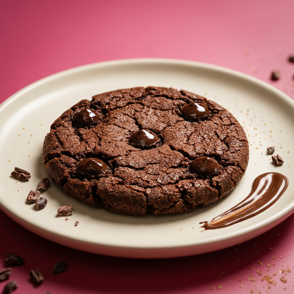 Chocolate cookie with four chocolate chips on a white plate, garnished with a drizzle of chocolate sauce and scattered chocolate pieces on a pink background.