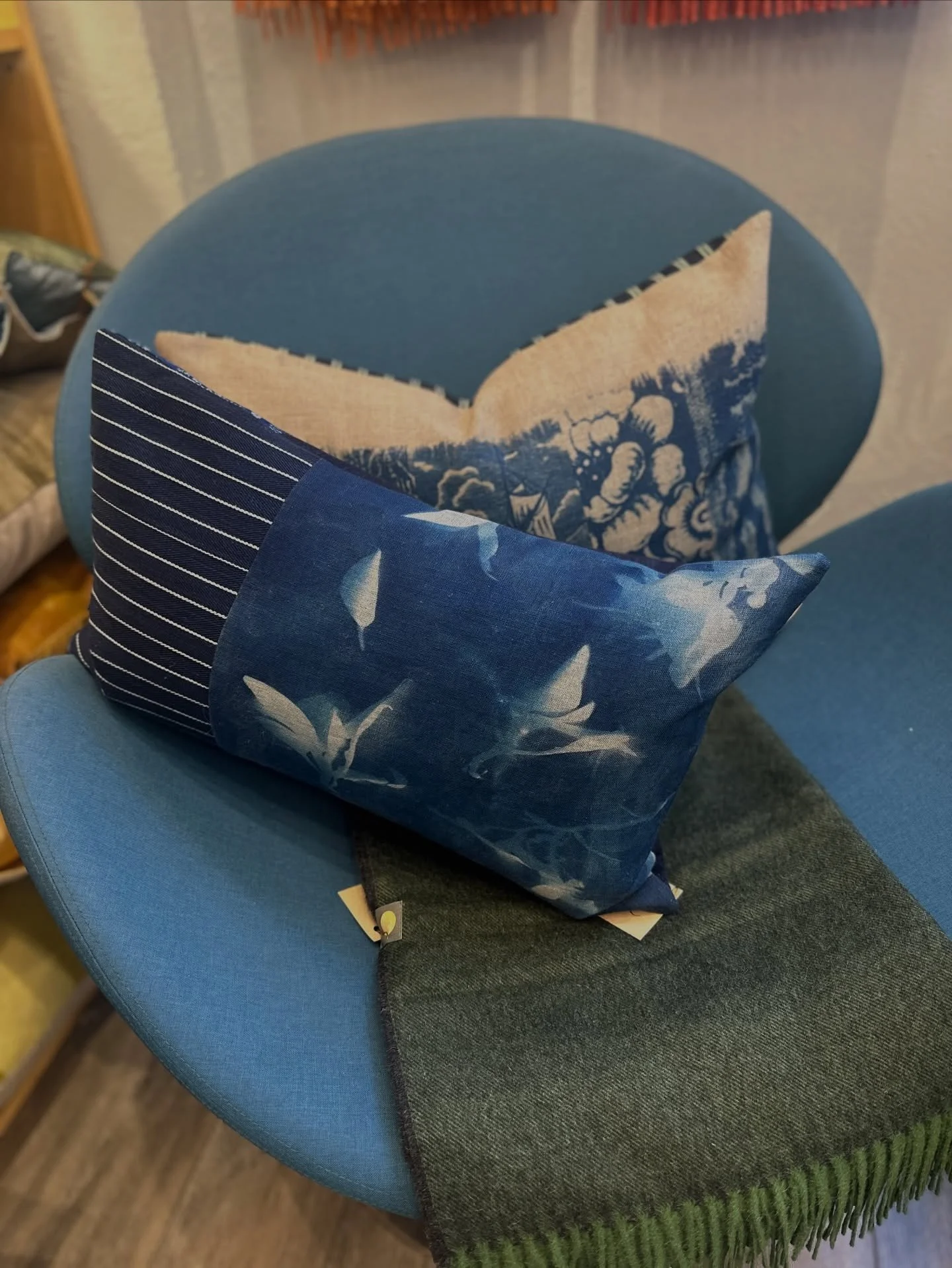 Two of my new pillows @amusetheshop. Had a great pop-up on Saturday. Thanks again Dany. Check out the store for Holiday gifts and beyond. #cyanotype#popup#oneoff#madewithlove#handcrafted