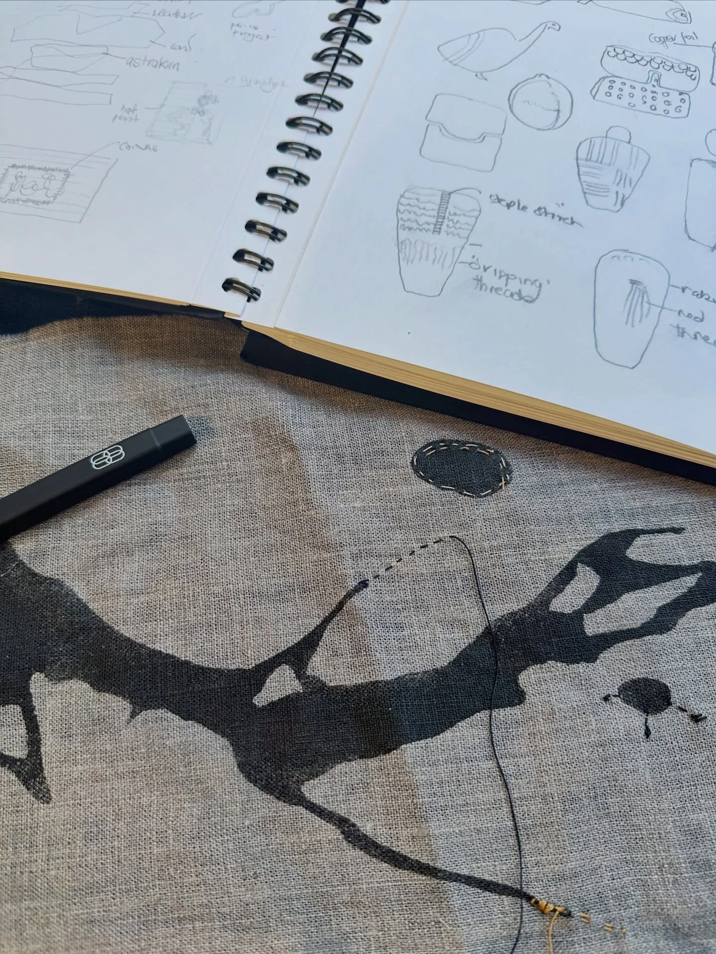 Doodling with pen and needle&hellip;#cyanotype#brushstrokes#sashiko#freeform#blackpaint