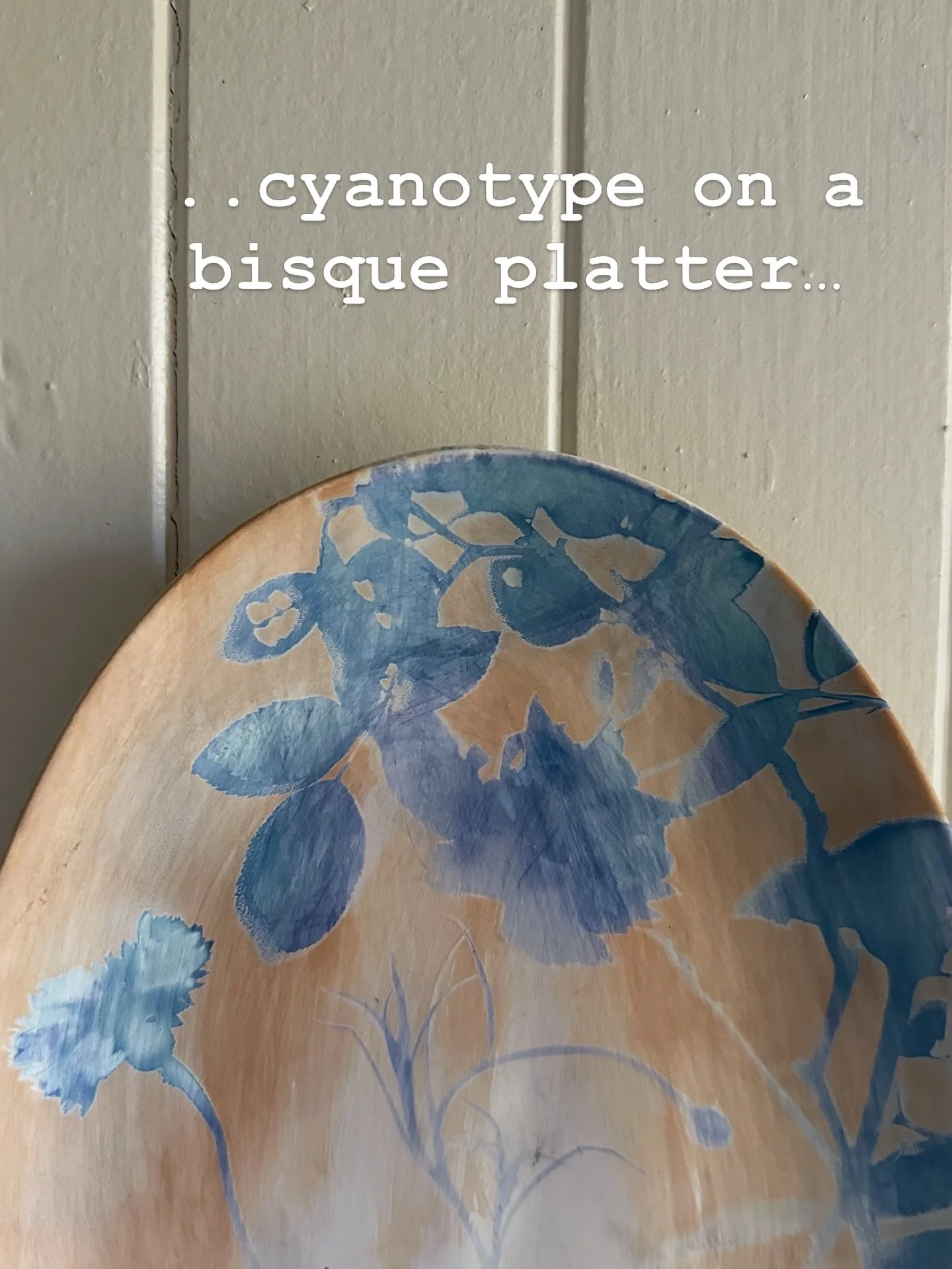 I have been trying to master this technique for a while. Applying the cyanotype solution to bisque is tricky. This is before washing the solution out. Still waiting for it to dry and hoping it worked. #bisque #sunprint#flowerdesign #oneoff#madewithlo