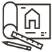 Line art icon of a house blueprint and ruler representing the implementation phase — part of EBO Design’s full-service interior design process in Edmonton.