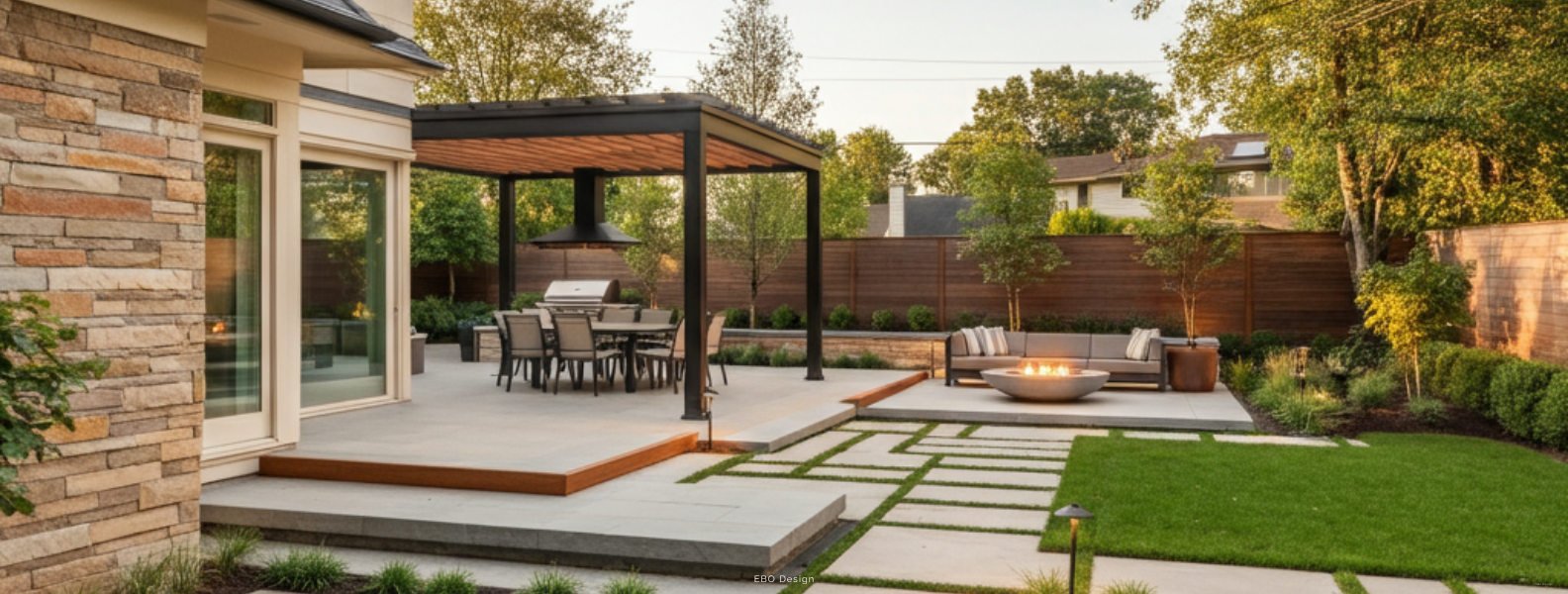 A large luxury backyard patio featuring a modern black pergola, outdoor dining area, and a stone fire pit lounge.