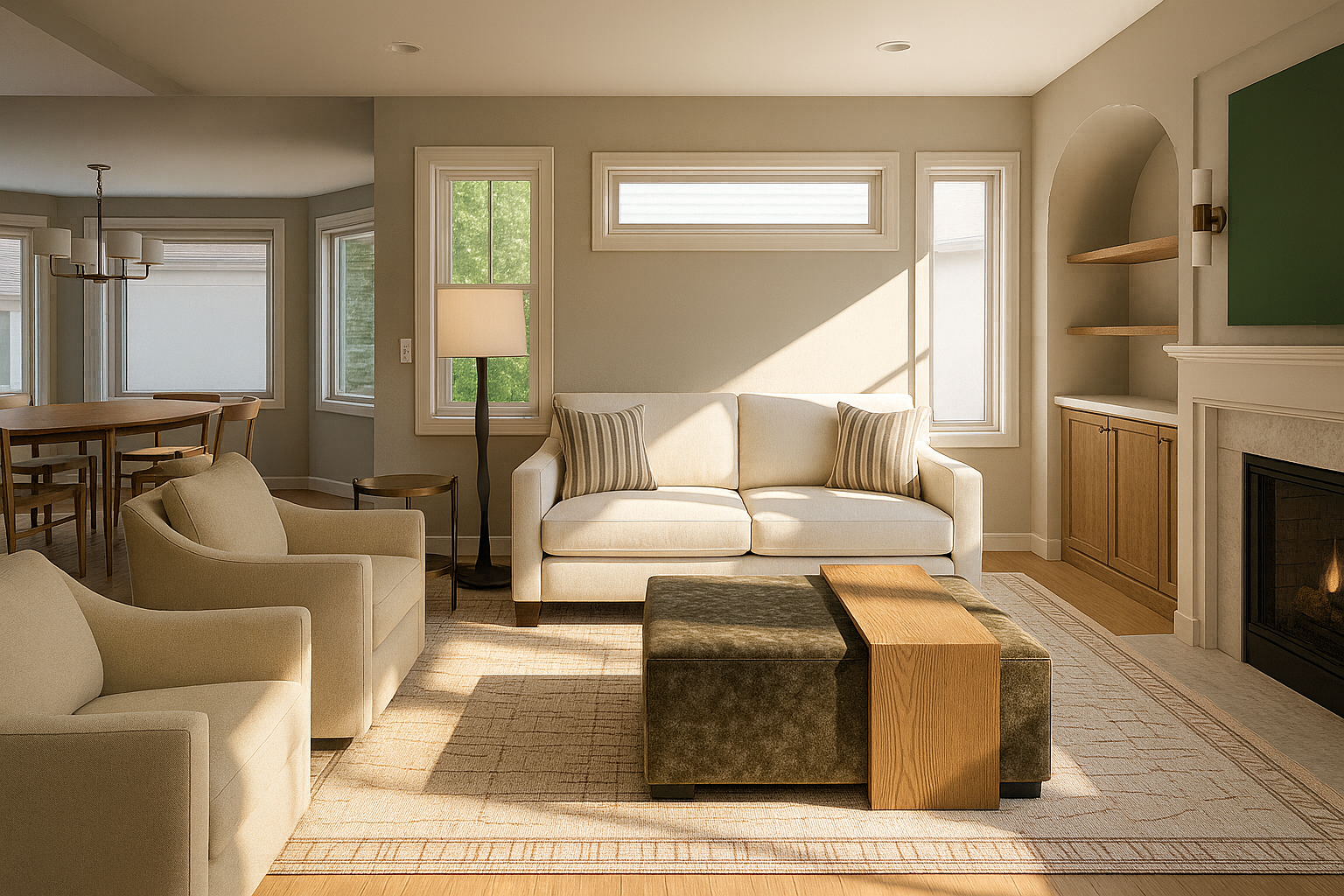 Warm modern living room rendering featuring a cream sofa, swivel chairs, custom built-ins, natural wood accents, and a fireplace—showcasing the polished, cohesive spaces created by a professional interior designer.