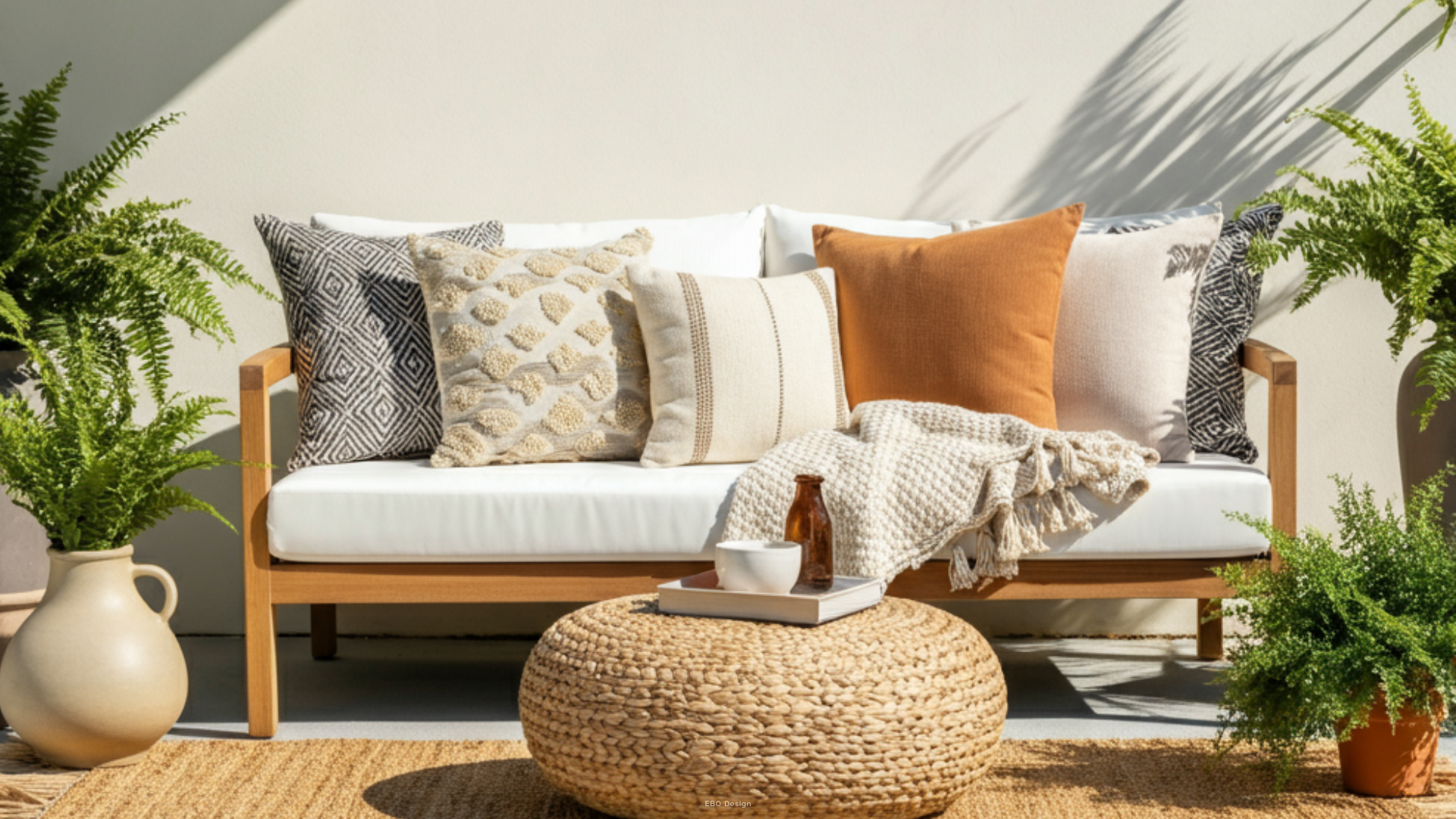 Close-up of a wooden outdoor sofa styled with textured earth-toned pillows, a woven ottoman, and lush green ferns.
