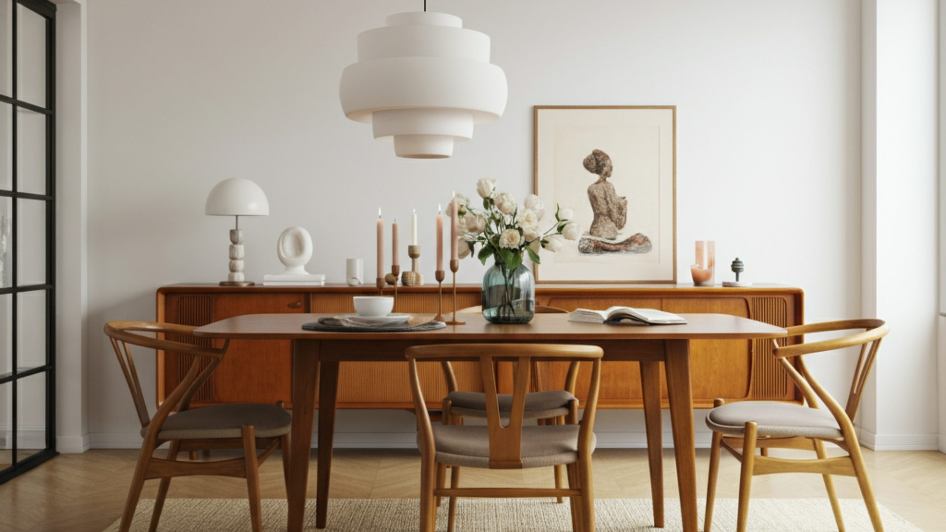 Mid-century modern dining room with warm wood furniture, sculptural white pendant light, styled sideboard, and minimalist wall art. A sophisticated, Scandinavian-inspired dining space featuring neutral décor, fresh florals, and soft natural lighting.