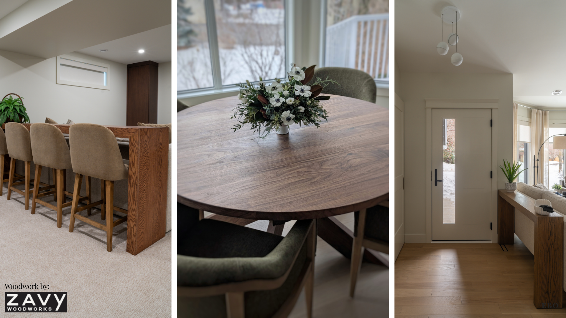Three-panel collage highlighting custom woodwork, including a wood basement bar counter, a round walnut dining table, and an entryway sofa console.