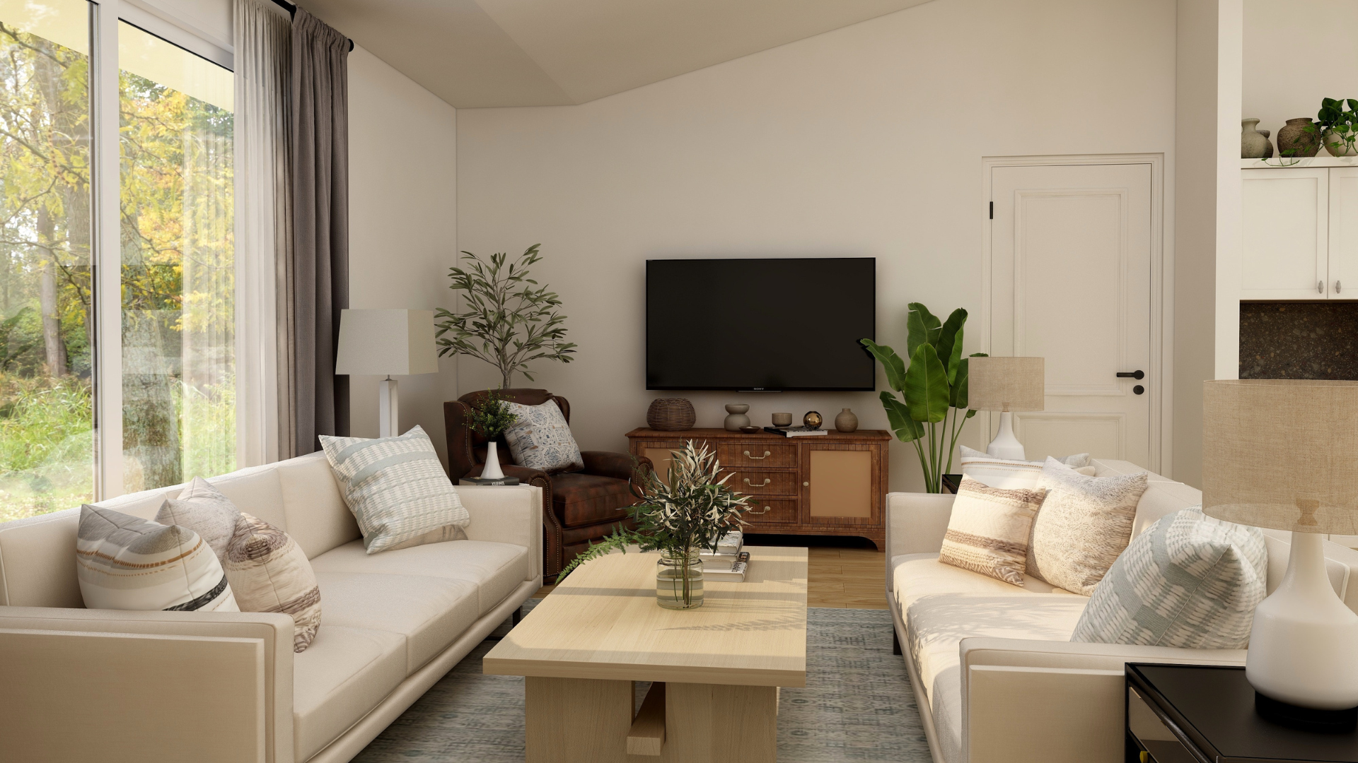 Neutral living room with layered textures, soft furnishings, and classic proportions designed to feel calm and enduring rather than trend-driven.