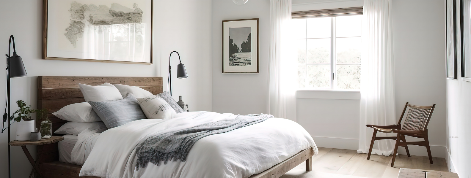 Bright and serene modern bedroom with rustic wood bed, layered white bedding, soft grey accents, and minimalist decor—an example of the calming, cohesive spaces created by professional interior designers when building a dream home.