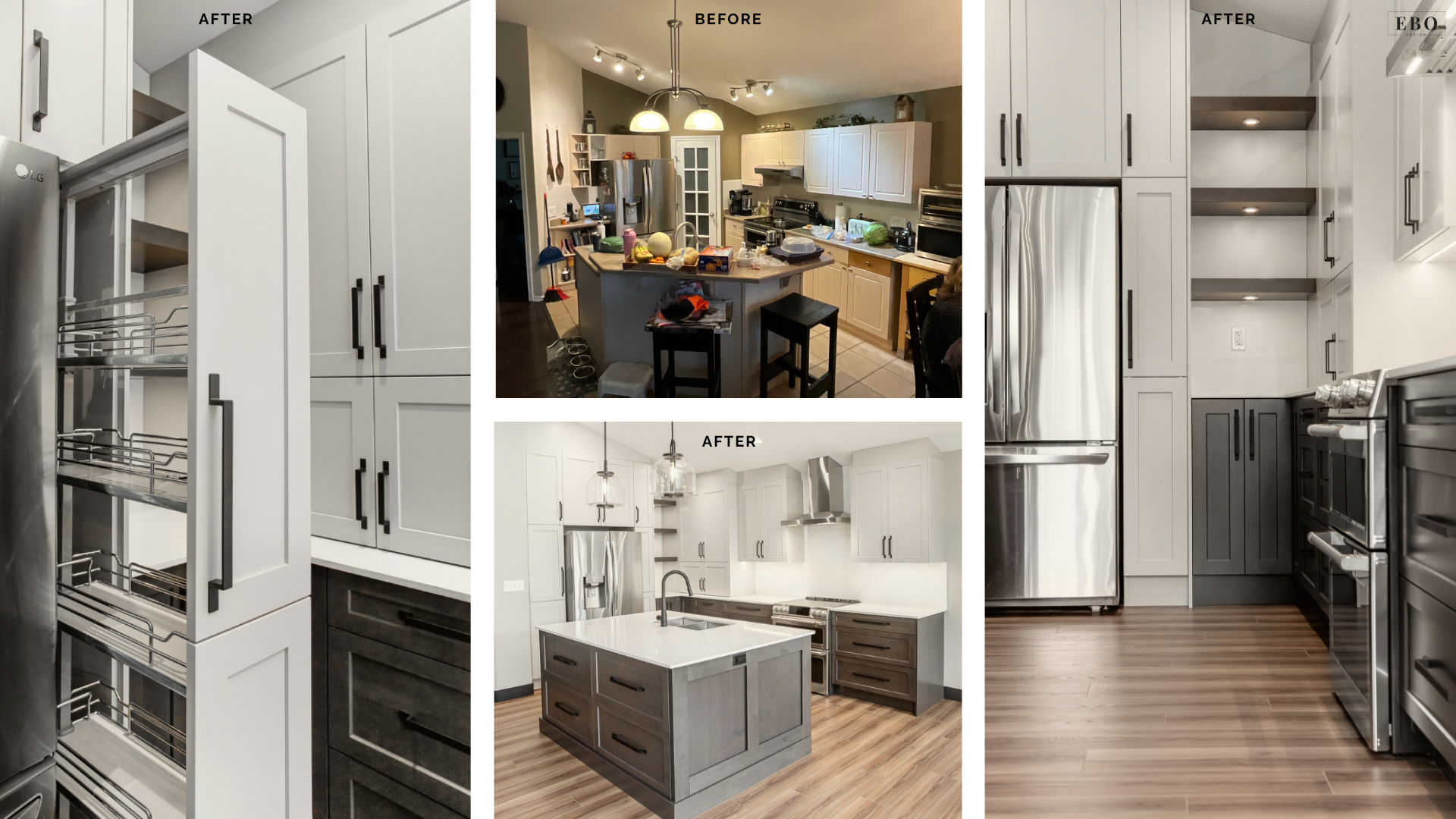 Kitchen renovation before and after comparison showing updated pull-out pantry cabinets, two-tone grey island, and modern stainless steel appliances.